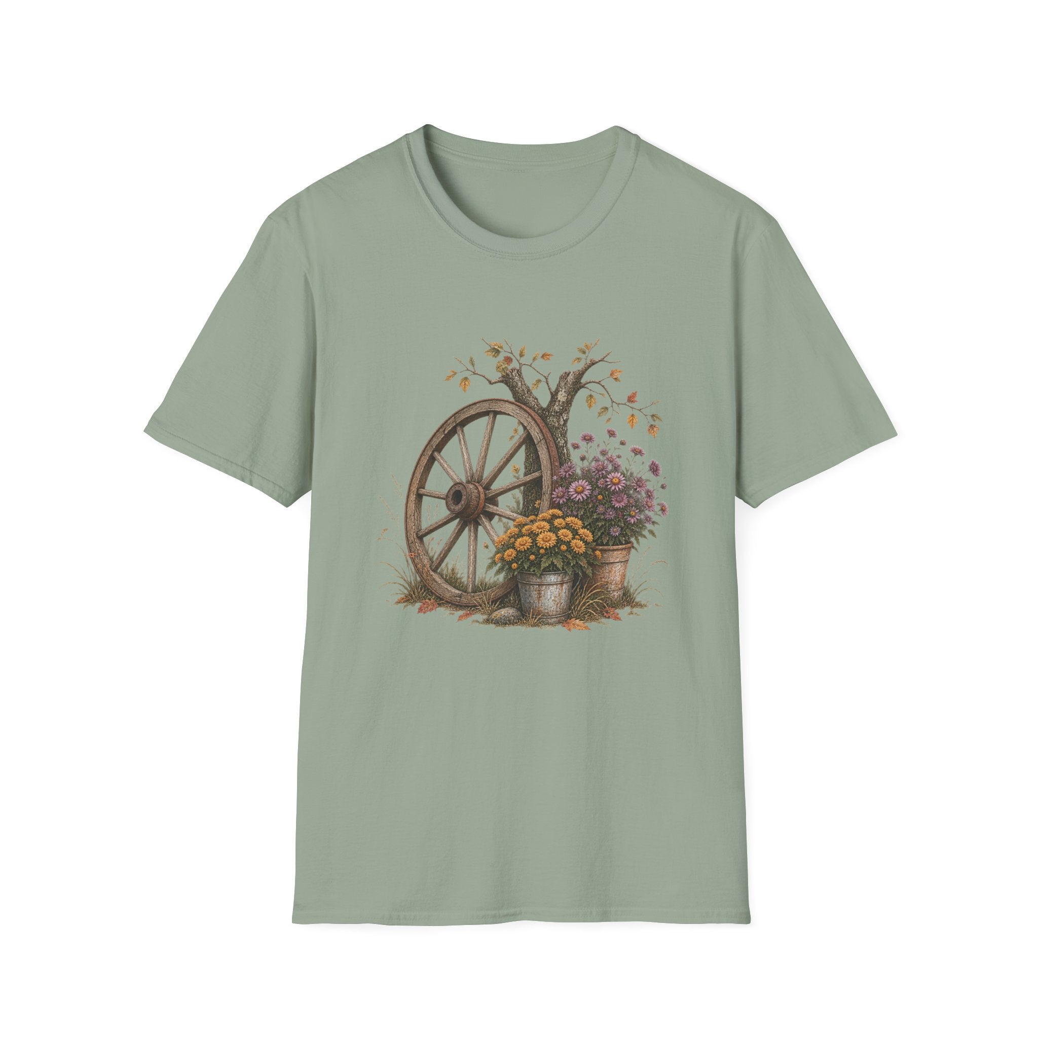 Vintage Wagon Wheel Floral Tee — Rustic Autumn Farmhouse T-Shirt