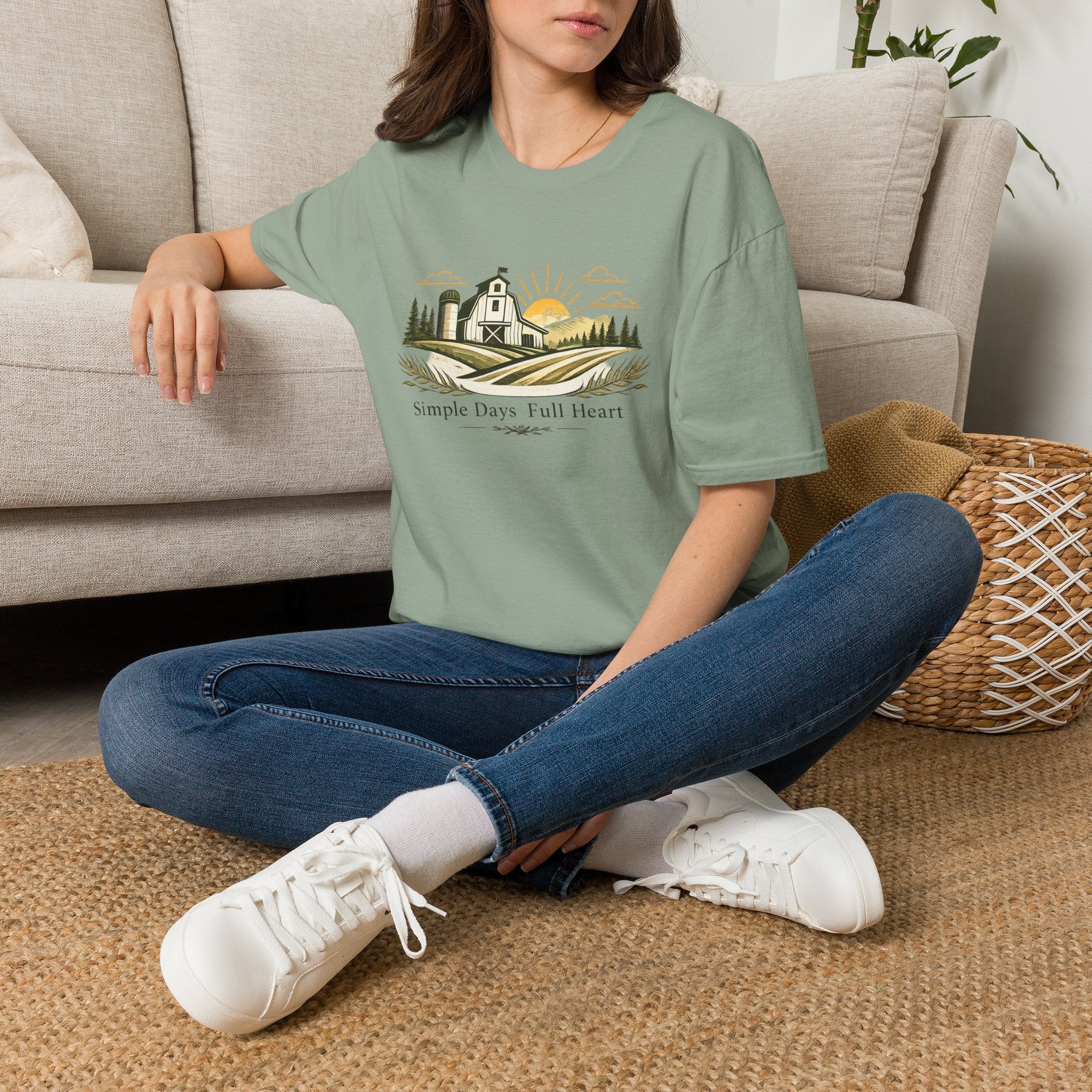 Farmhouse Sunrise T-Shirt — "Simple Days Full Heart" Rustic Country Tee