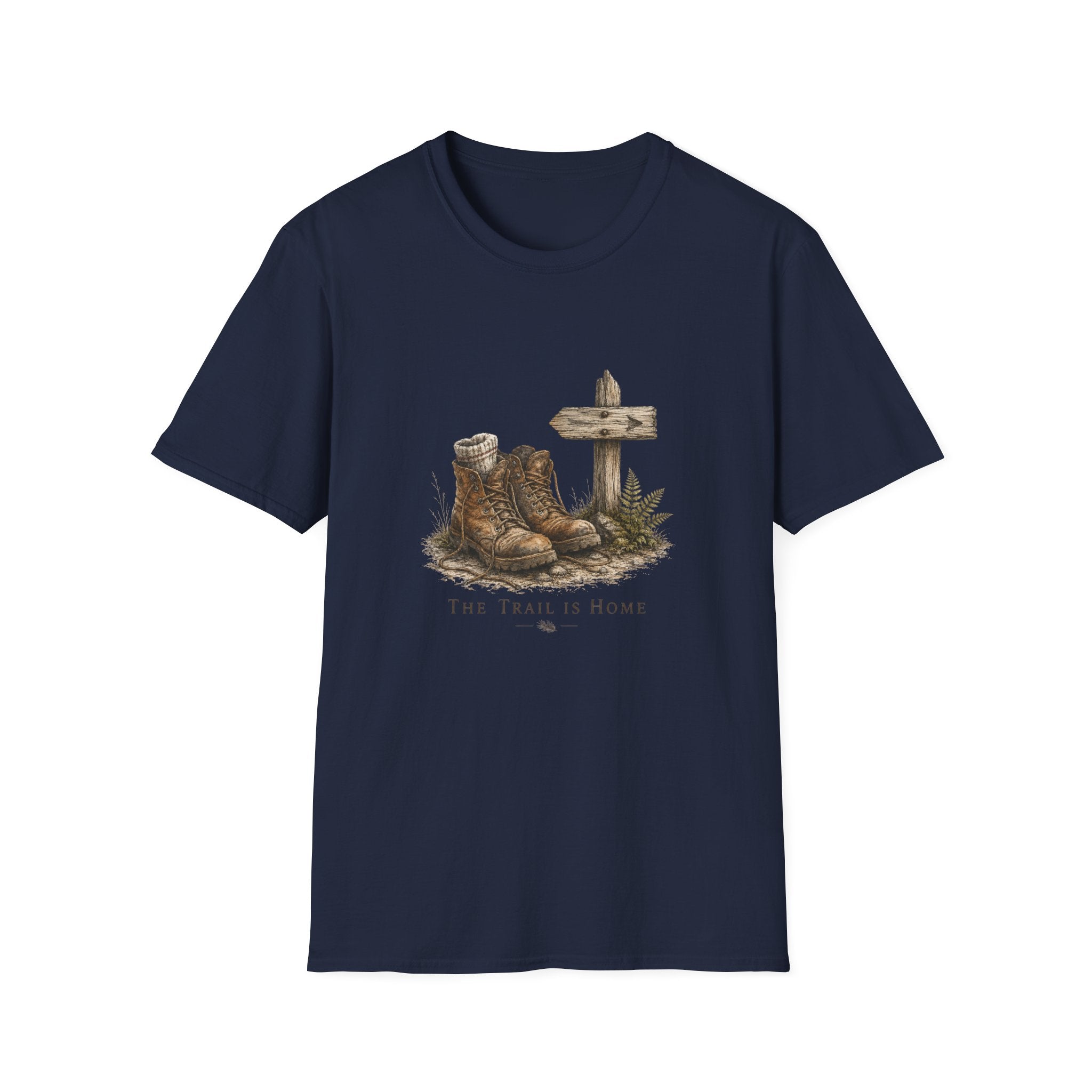 Rustic Hiking Boots T-Shirt — "The Trail Is Home" Back-Print Casual Tee