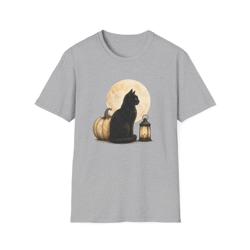Black Cat Moon T‑Shirt — Halloween Pumpkin & Lantern Graphic Tee
