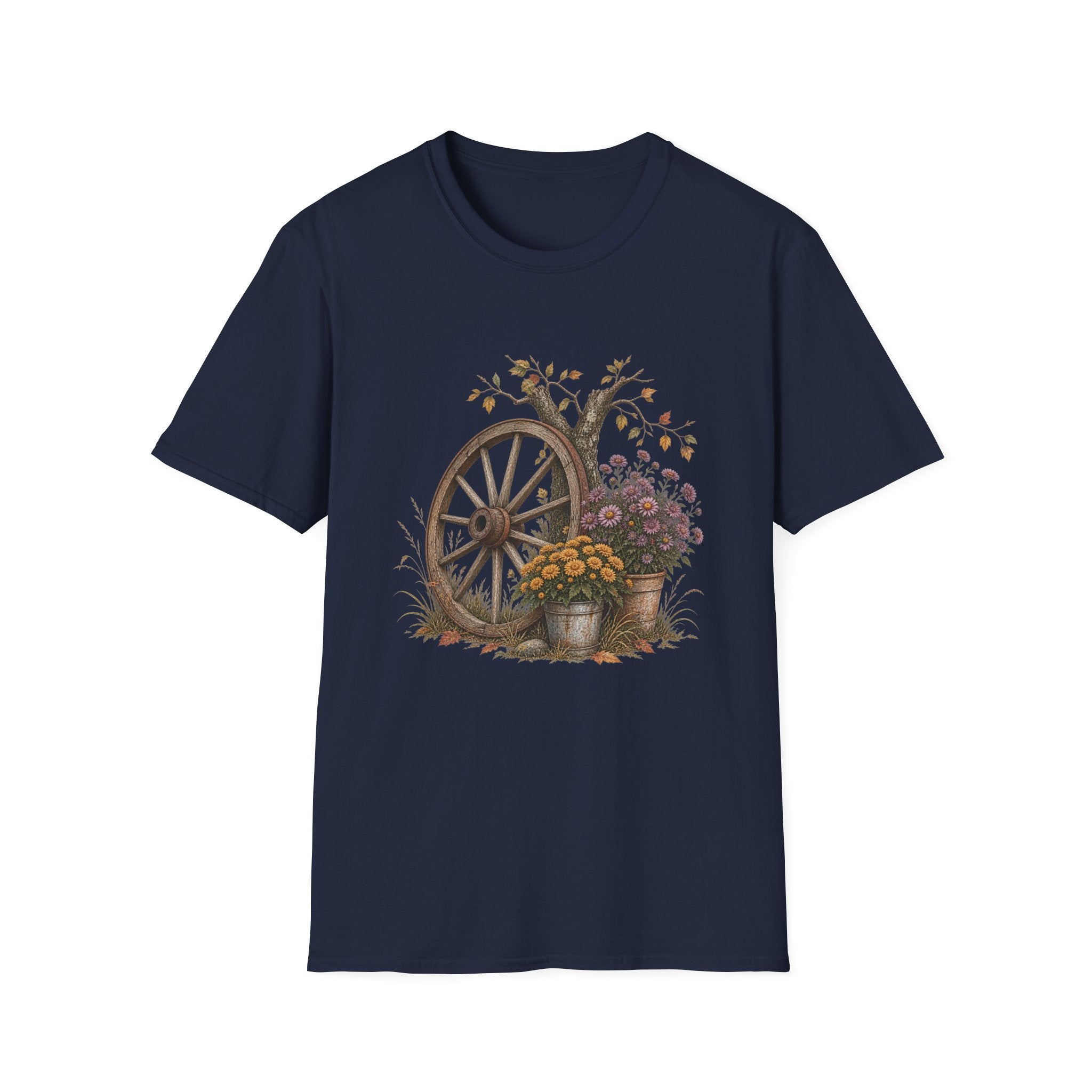 Vintage Wagon Wheel Floral Tee — Rustic Autumn Farmhouse T-Shirt