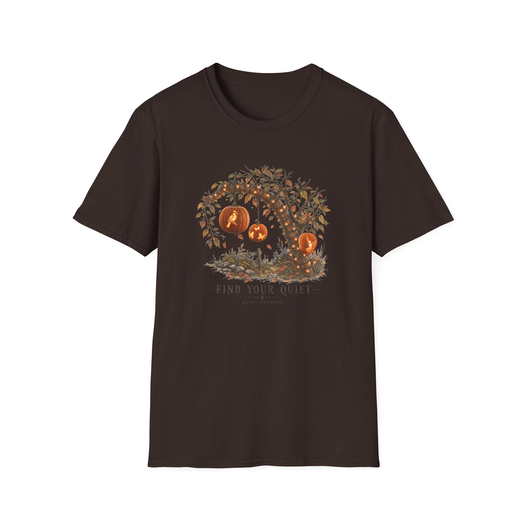 Halloween Pumpkin Tree T‑Shirt — "Find Your Quiet" Cozy Fall Tee
