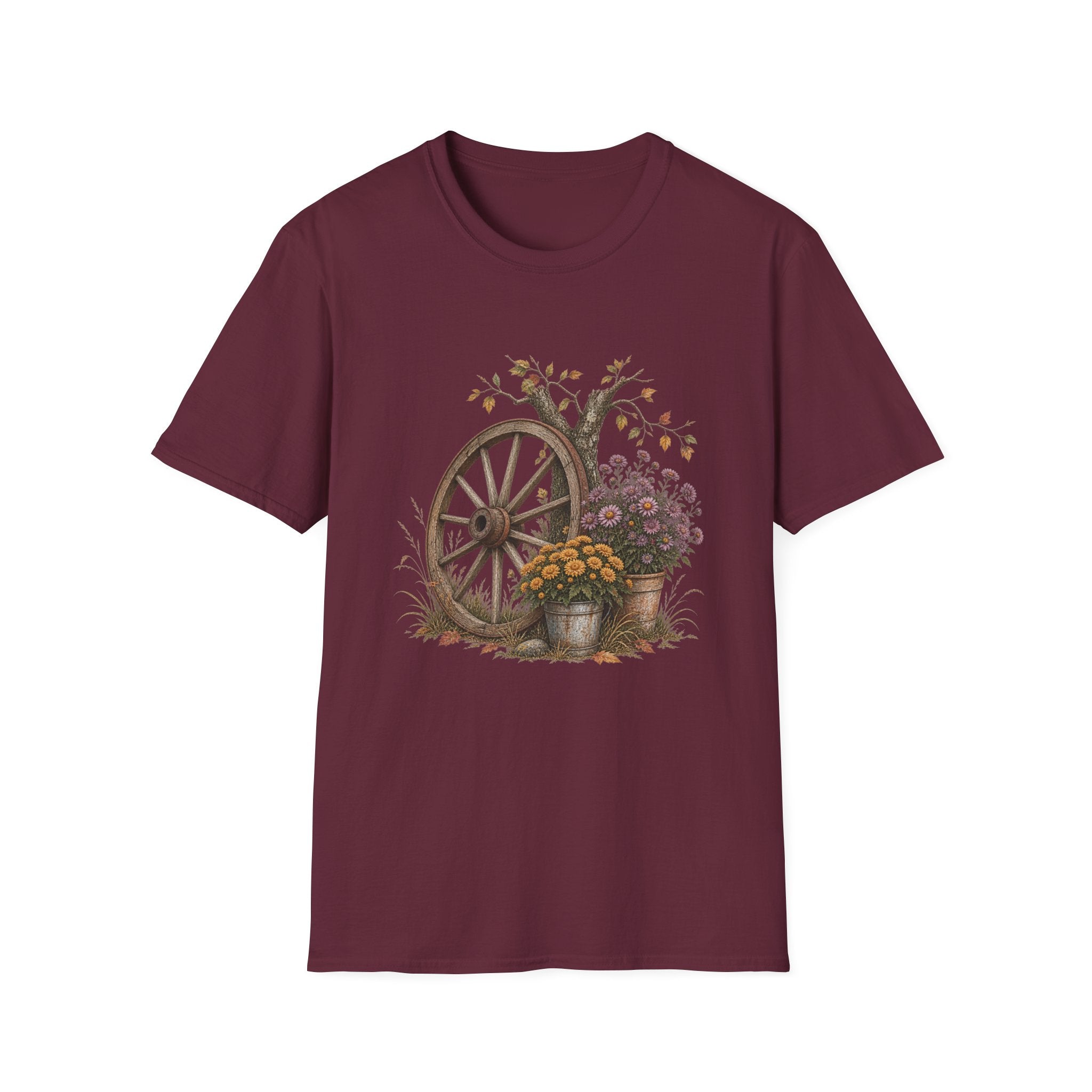 Vintage Wagon Wheel Floral Tee — Rustic Autumn Farmhouse T-Shirt