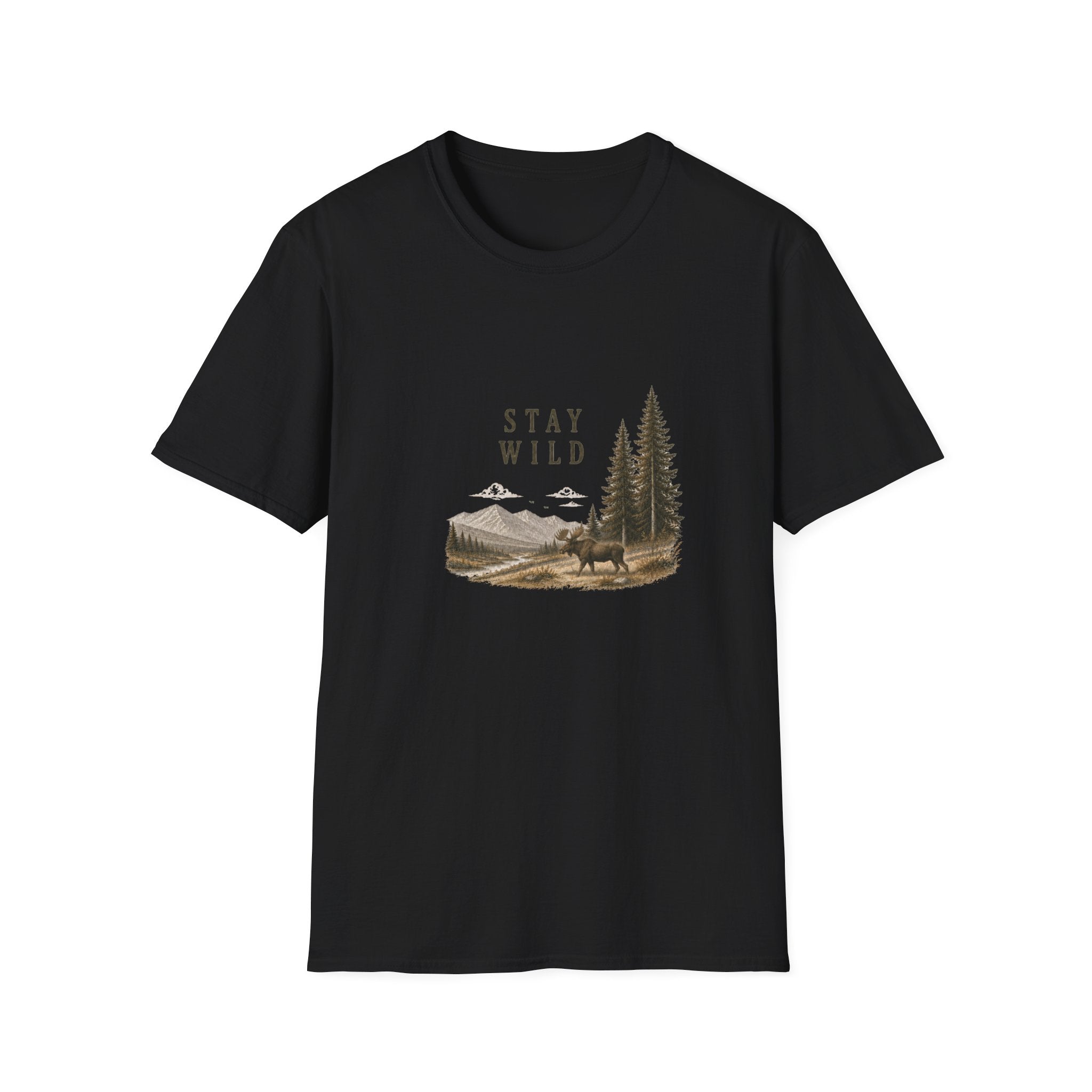 Stay Wild Moose Tee — Nature Graphic T-Shirt with Pines