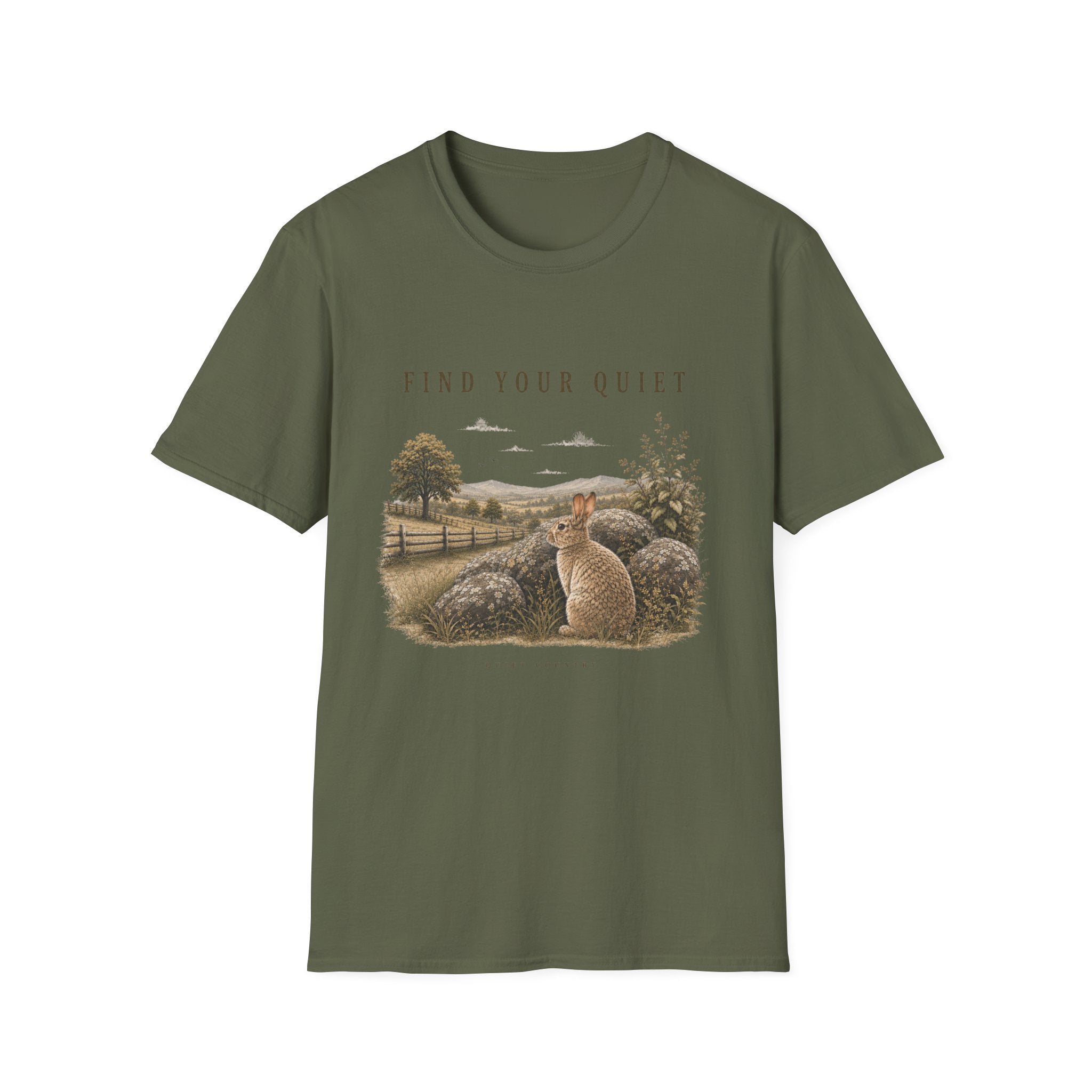 Find Your Quiet T-Shirt — Serene Countryside Rabbit Graphic Tee