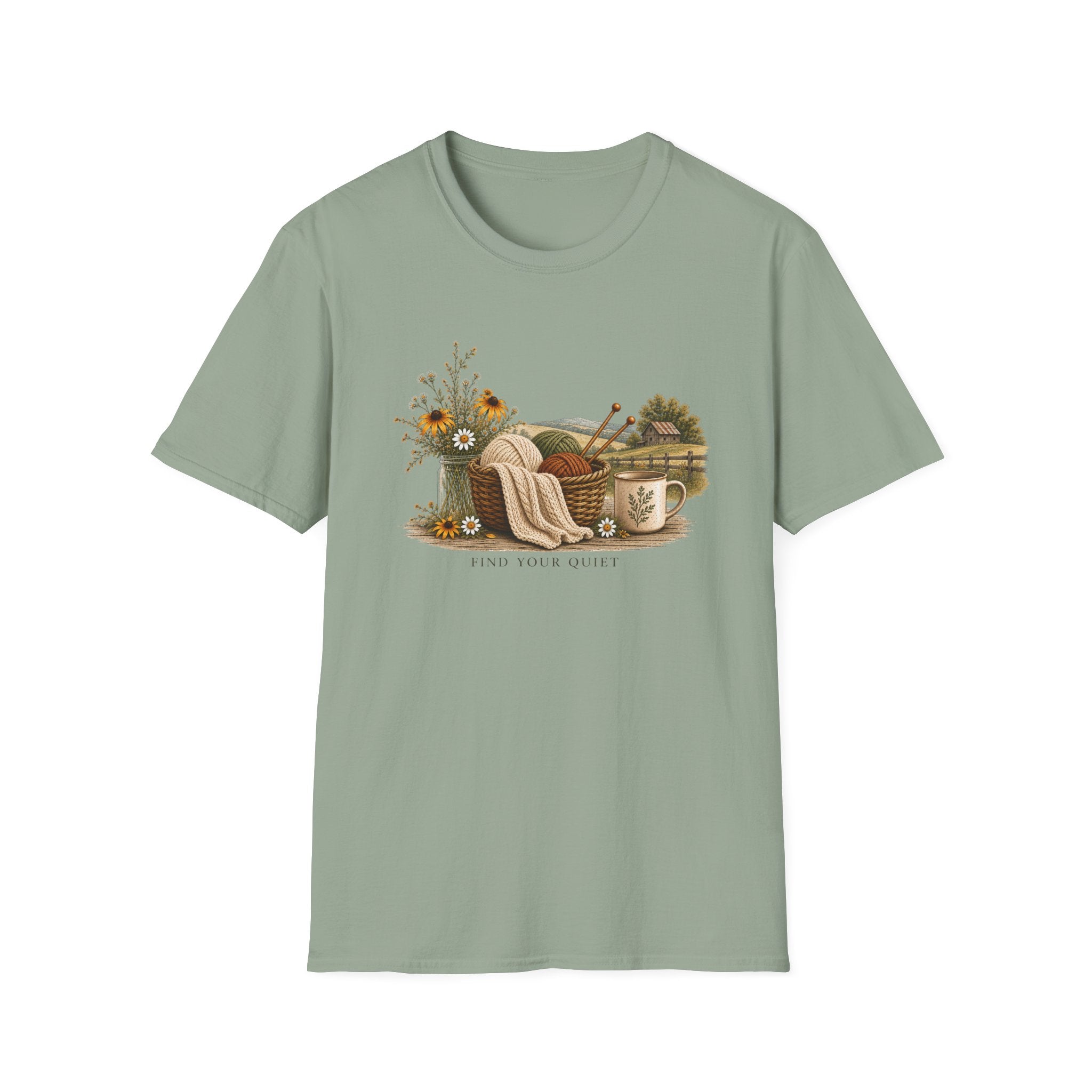 Cozy Cottage Knits T-Shirt — Yarn Basket, Mug & Wildflowers Graphic