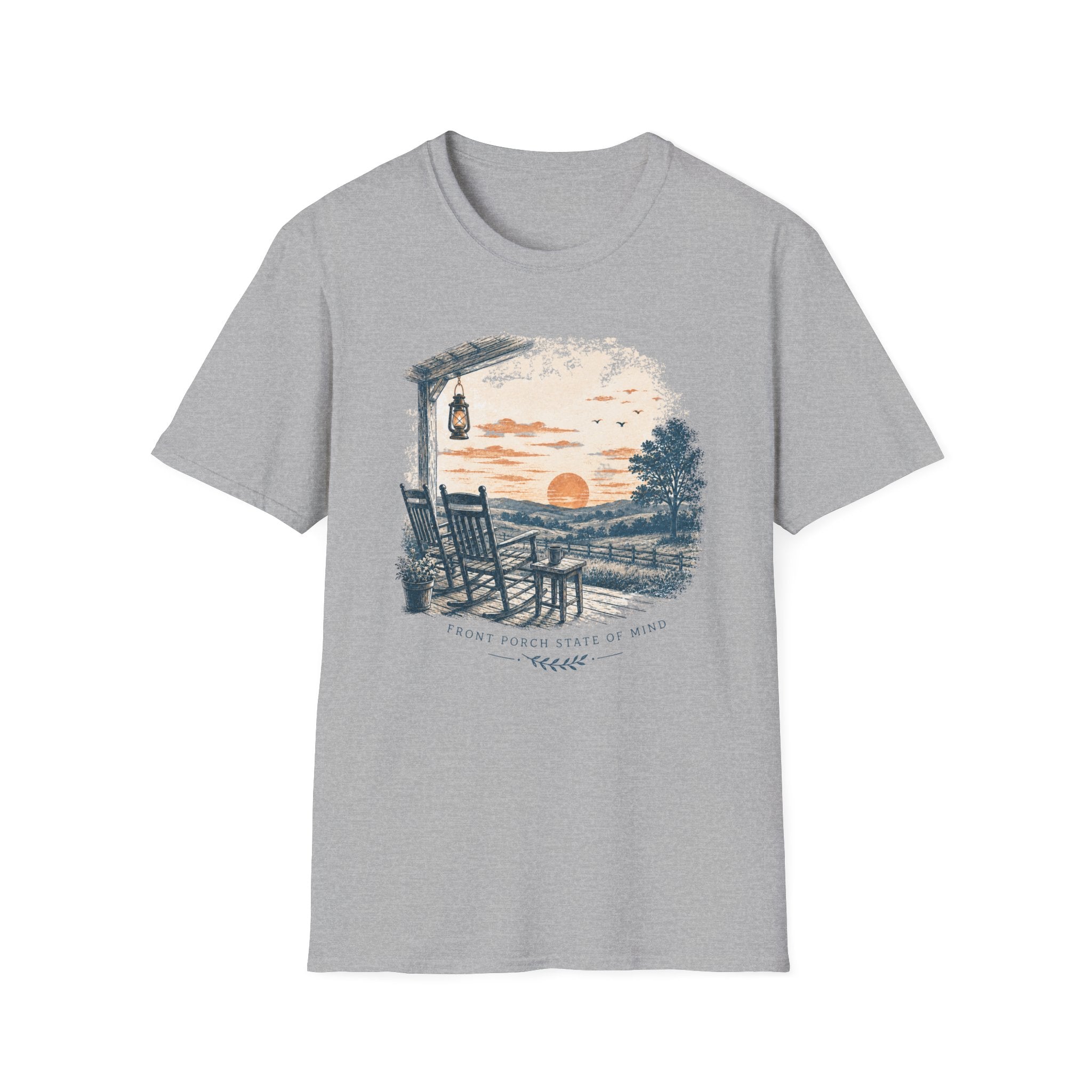 Sunset Porch T-Shirt — Vintage Lantern & Rocking Chair Beach Tee