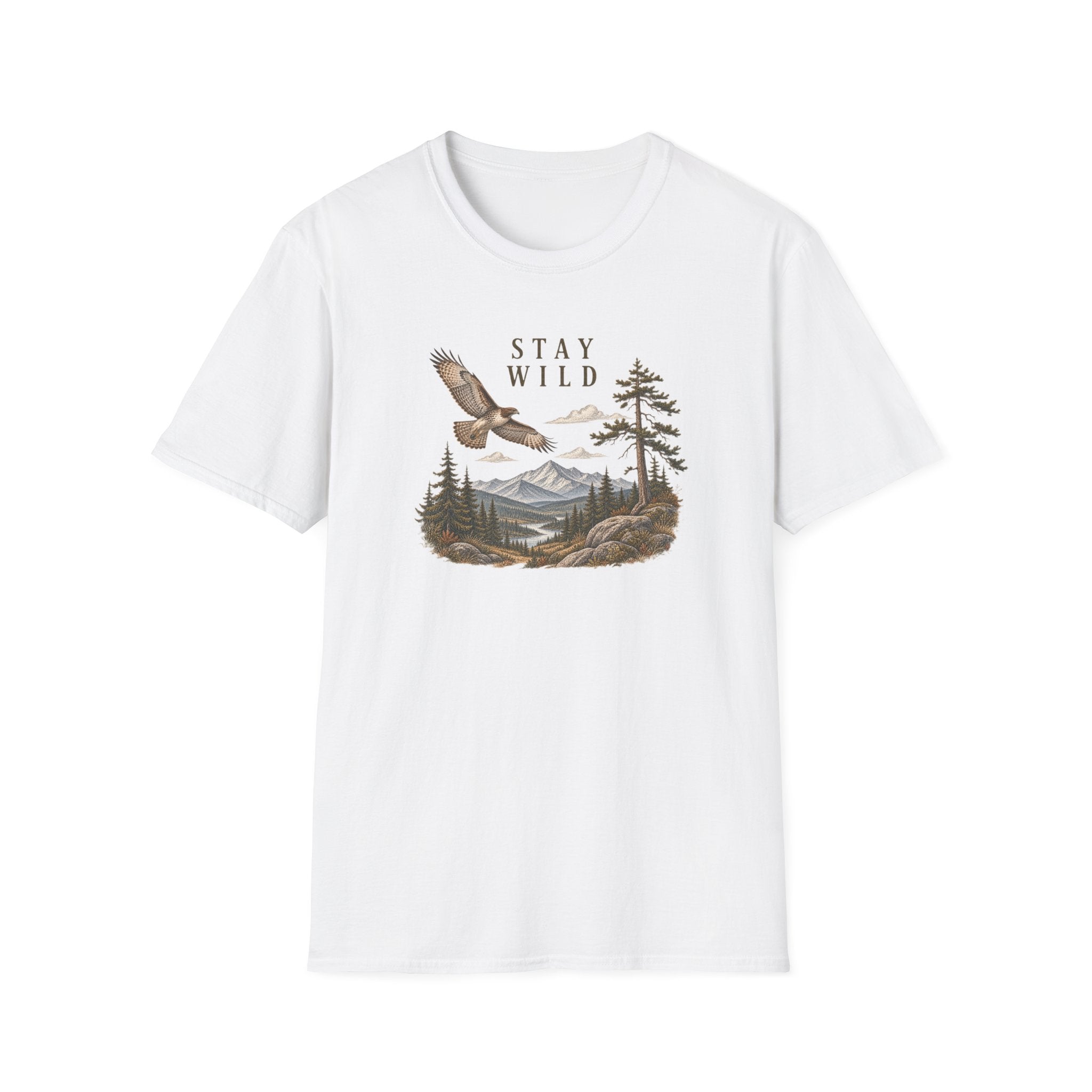 Stay Wild Mountain Hawk T-Shirt — Vintage Mountain & Hawk Graphic for Outdoor Lovers