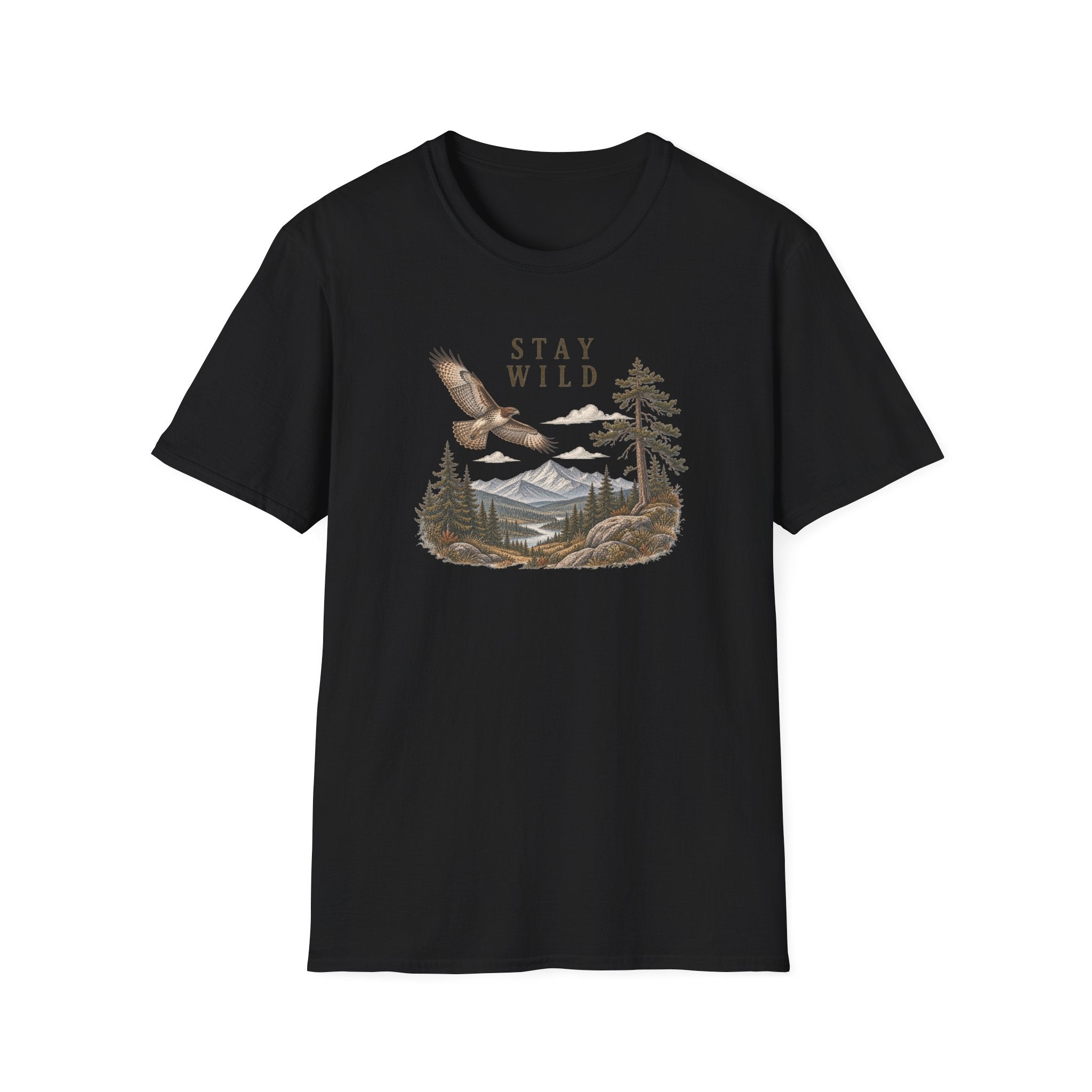 Stay Wild Mountain Hawk T-Shirt — Vintage Mountain & Hawk Graphic for Outdoor Lovers