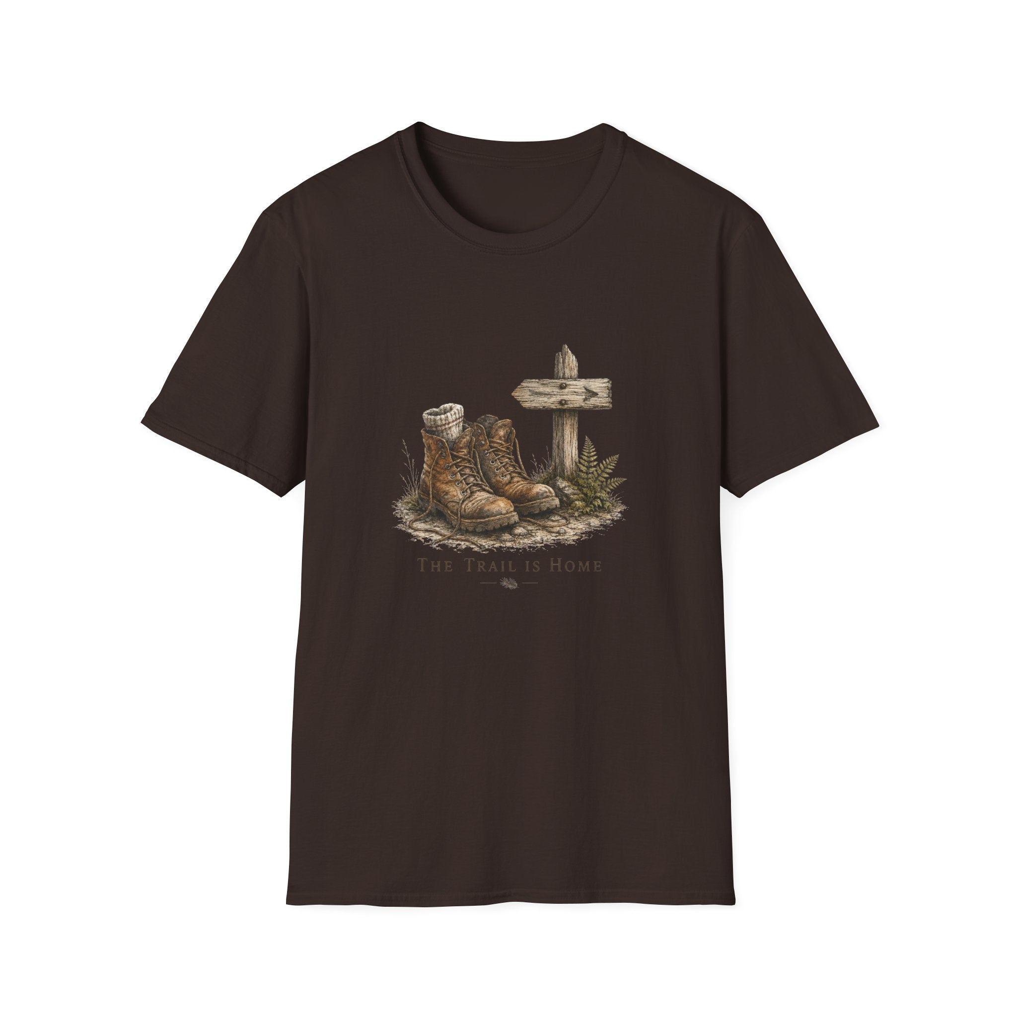 Rustic Hiking Boots T-Shirt — "The Trail Is Home" Back-Print Casual Tee