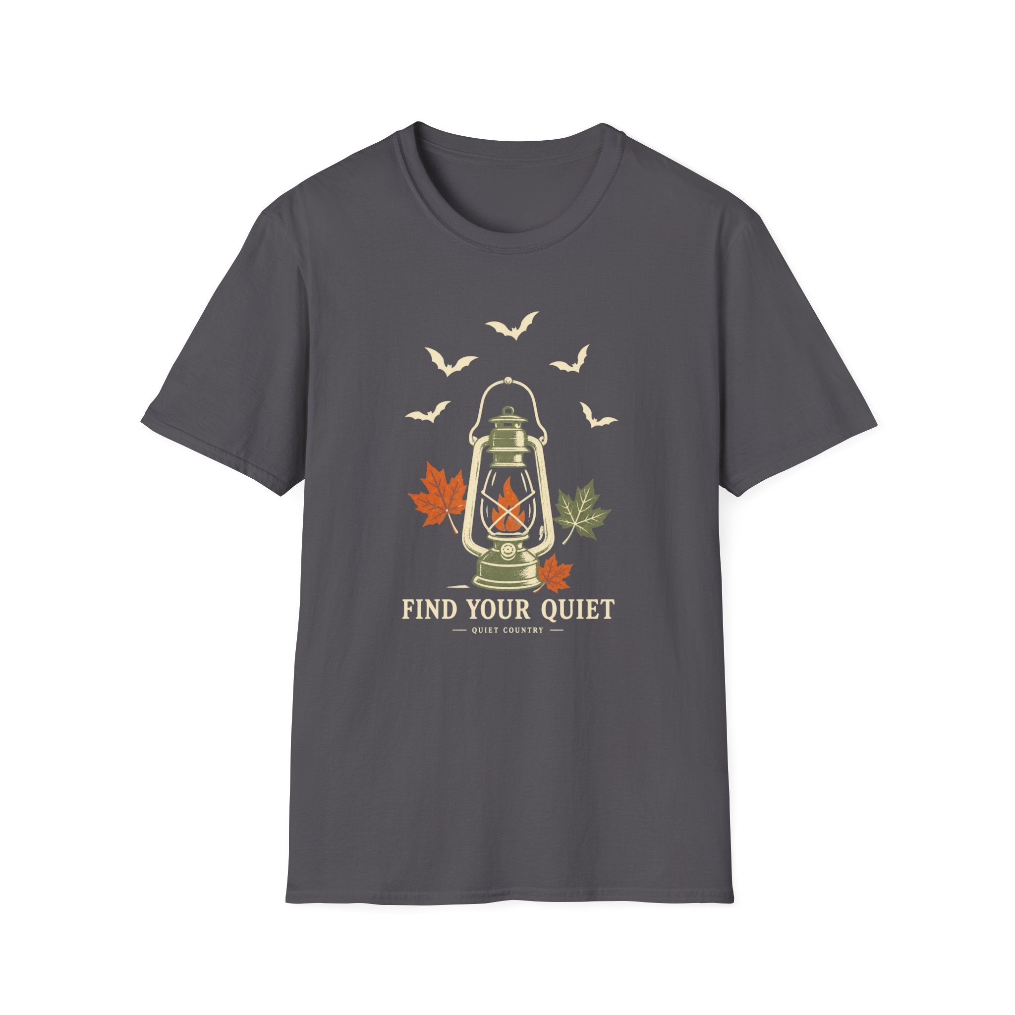 Lantern & Bats Tee — "Find Your Quiet" Autumn Graphic T-Shirt