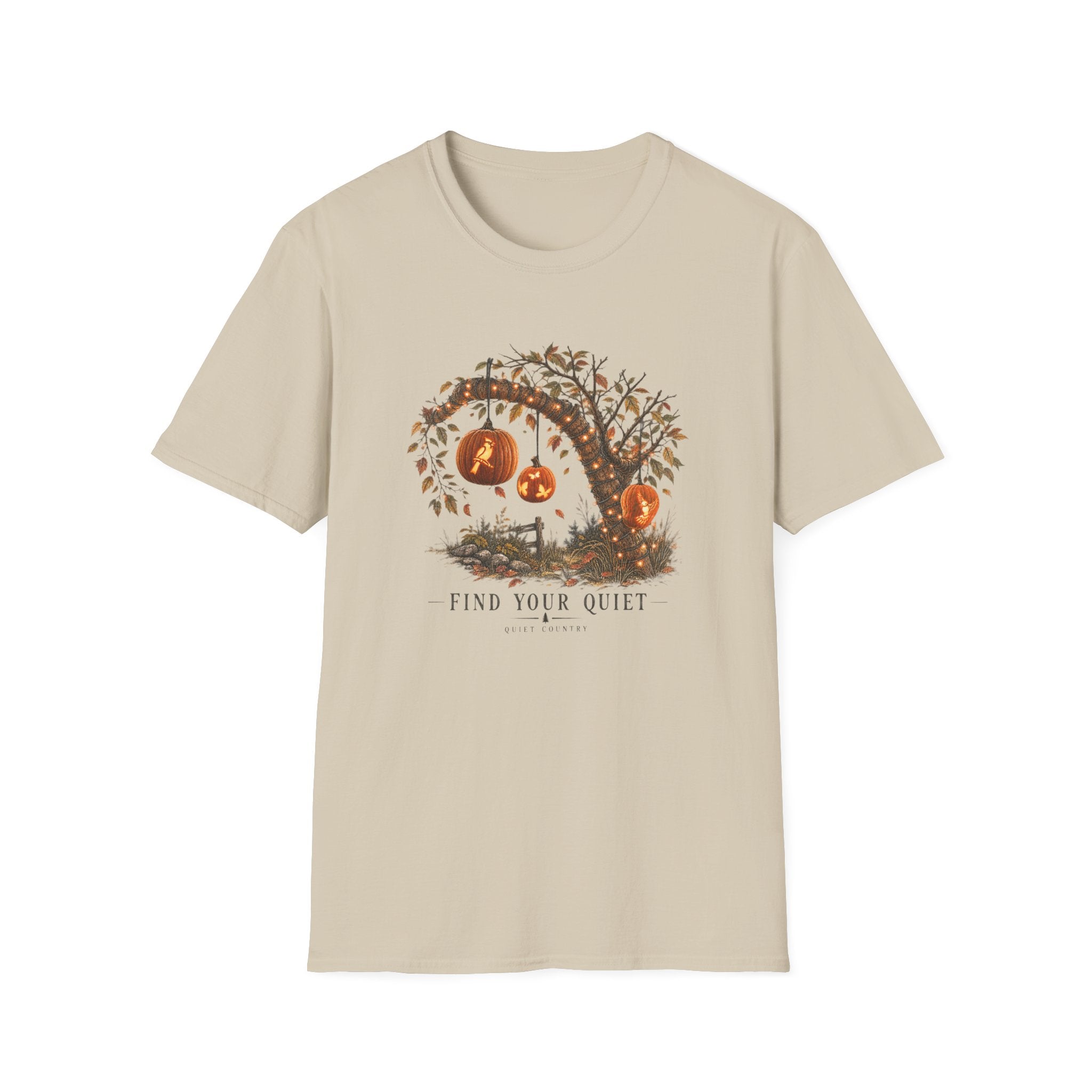 Halloween Pumpkin Tree T‑Shirt — "Find Your Quiet" Cozy Fall Tee