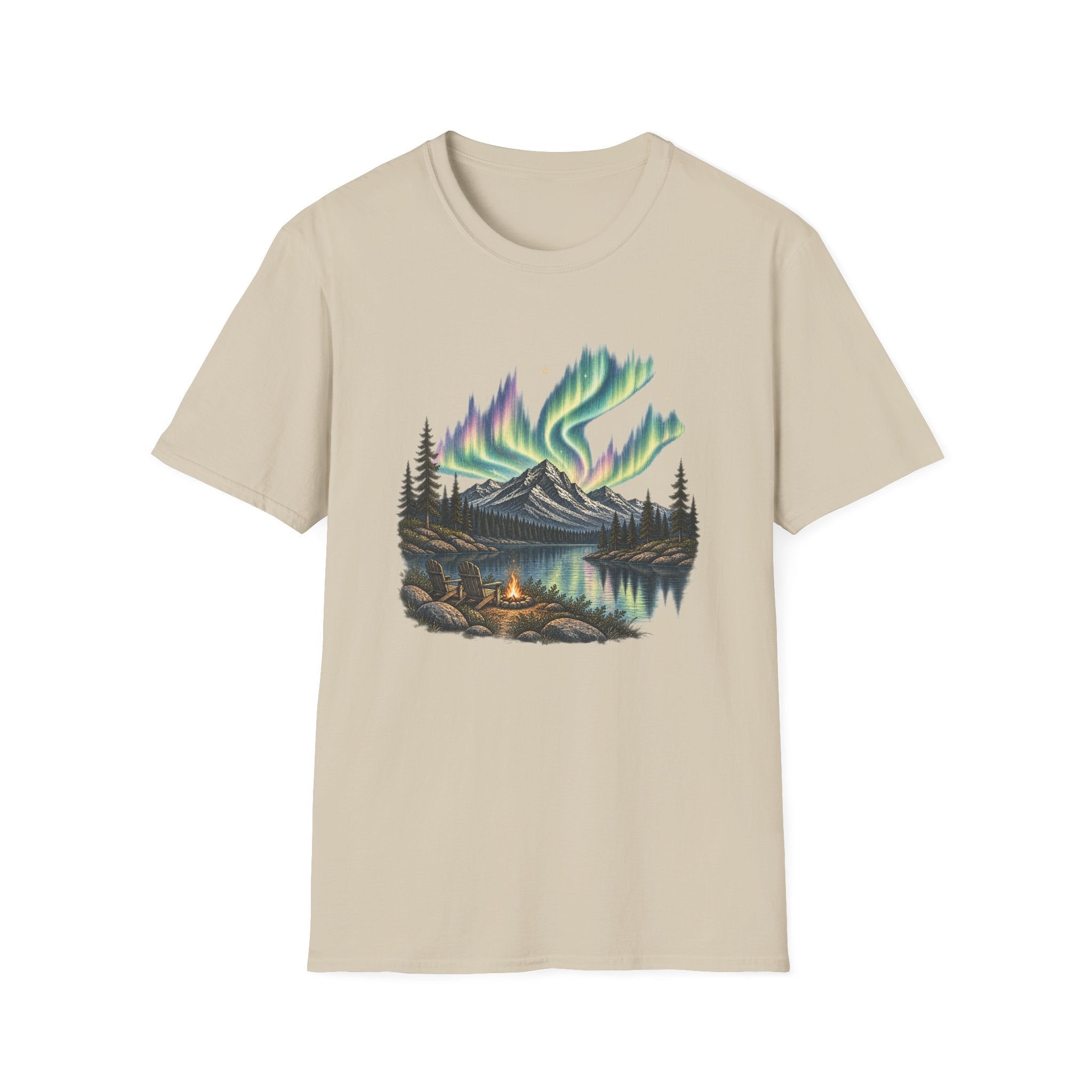 Aurora Mountain Tee — Northern Lights Camping T-Shirt