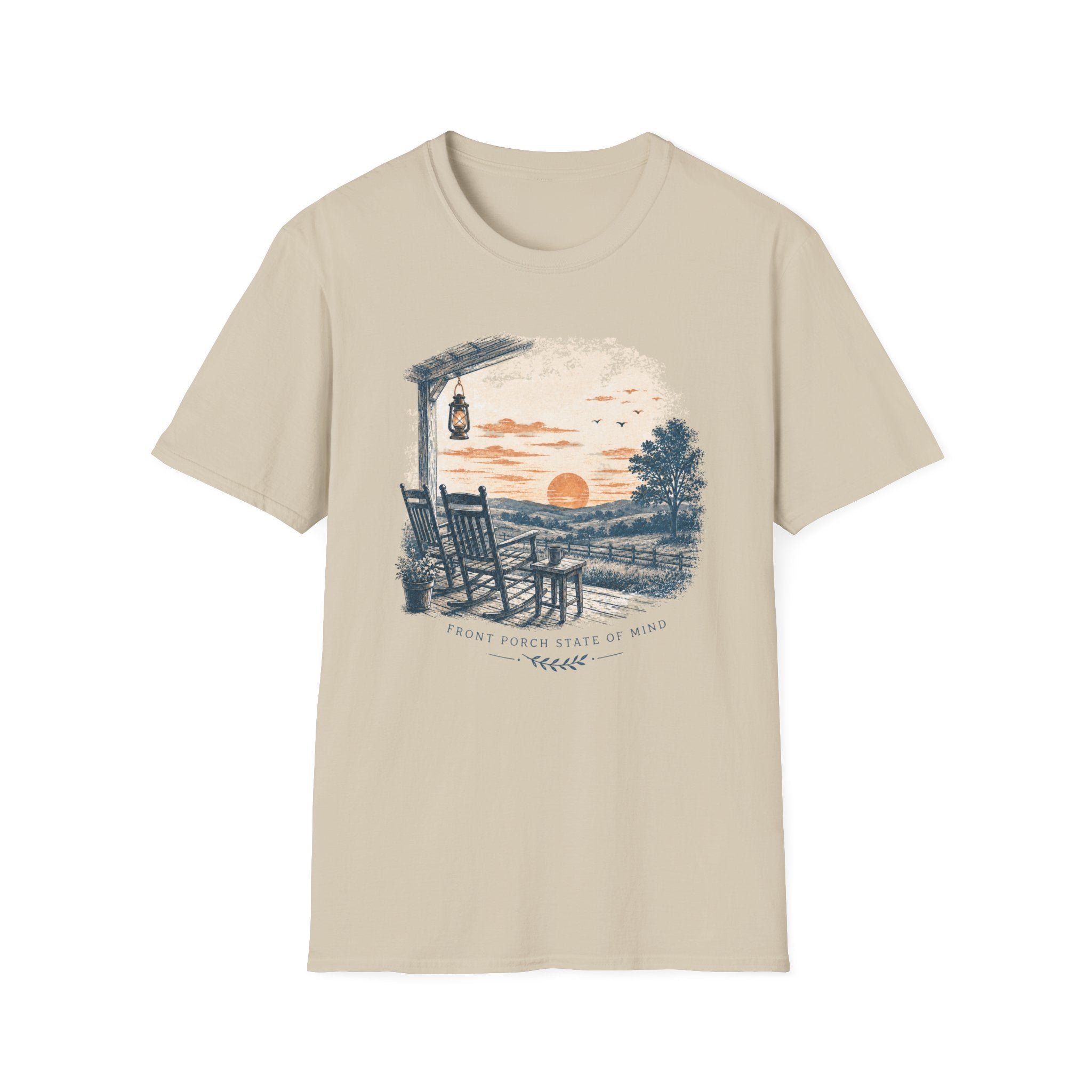 Sunset Porch T-Shirt — Vintage Lantern & Rocking Chair Beach Tee