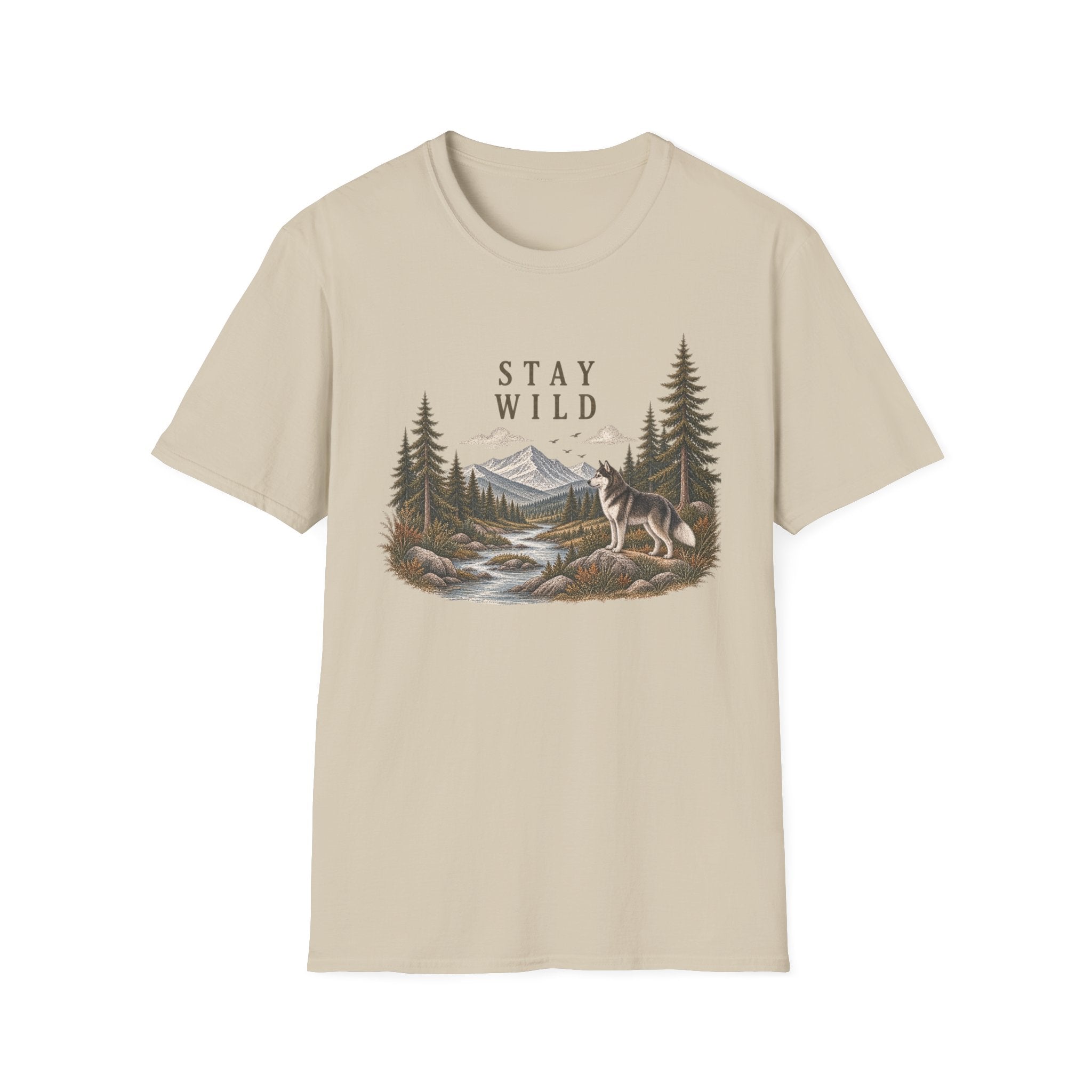 Stay Wild Mountain Wolf T-Shirt — Nature Graphic Tee for Outdoor Lovers