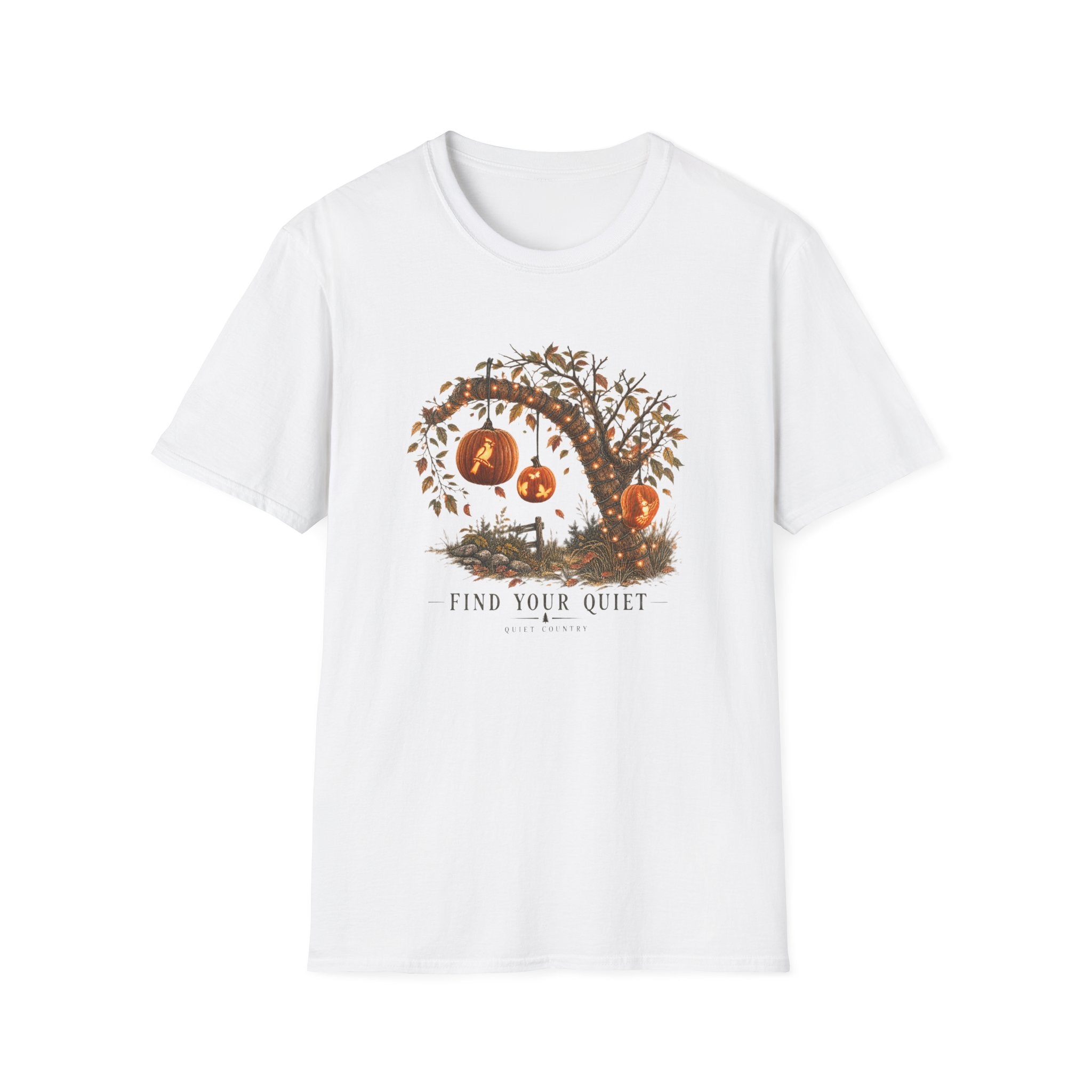 Halloween Pumpkin Tree T‑Shirt — "Find Your Quiet" Cozy Fall Tee