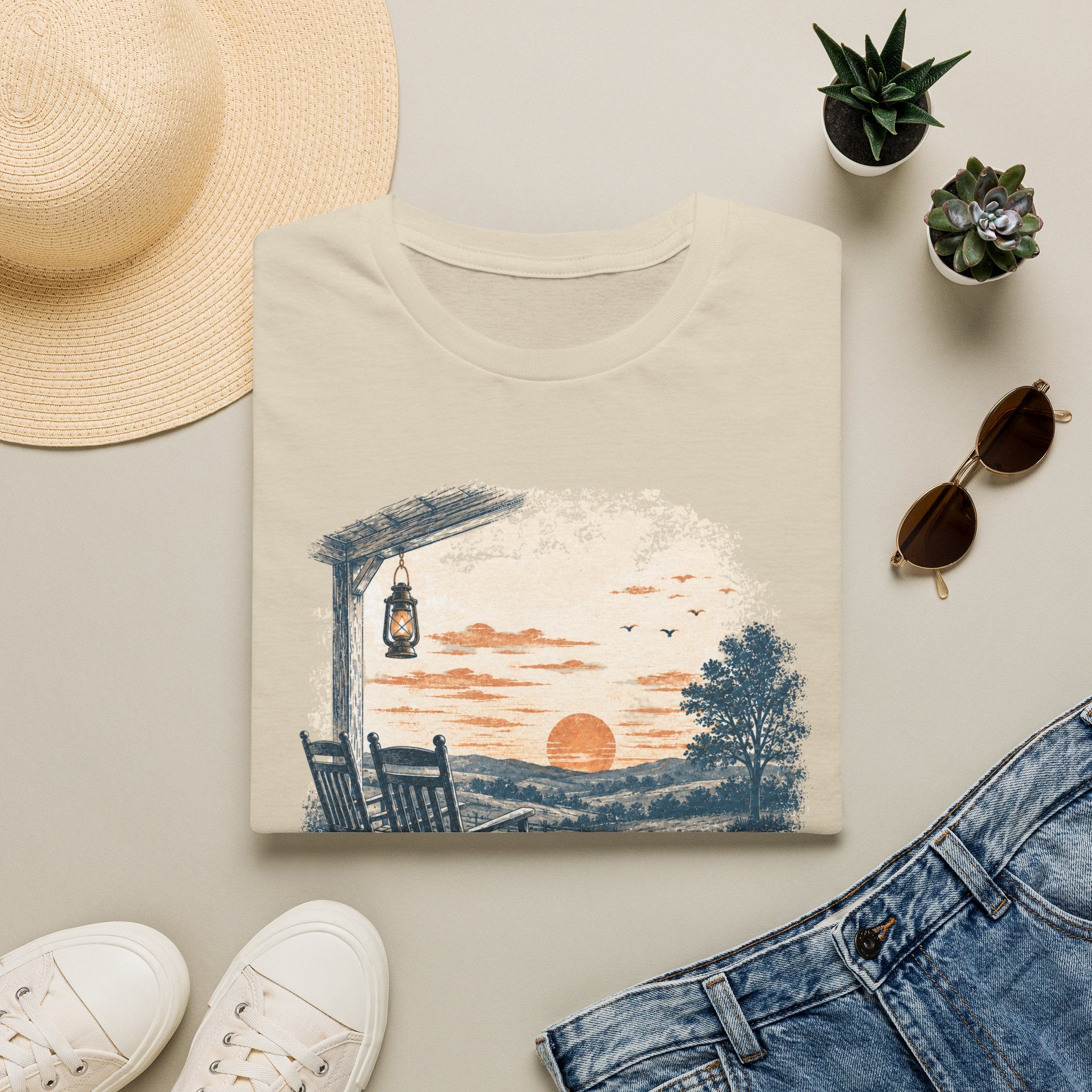 Sunset Porch T-Shirt — Vintage Lantern & Rocking Chair Beach Tee
