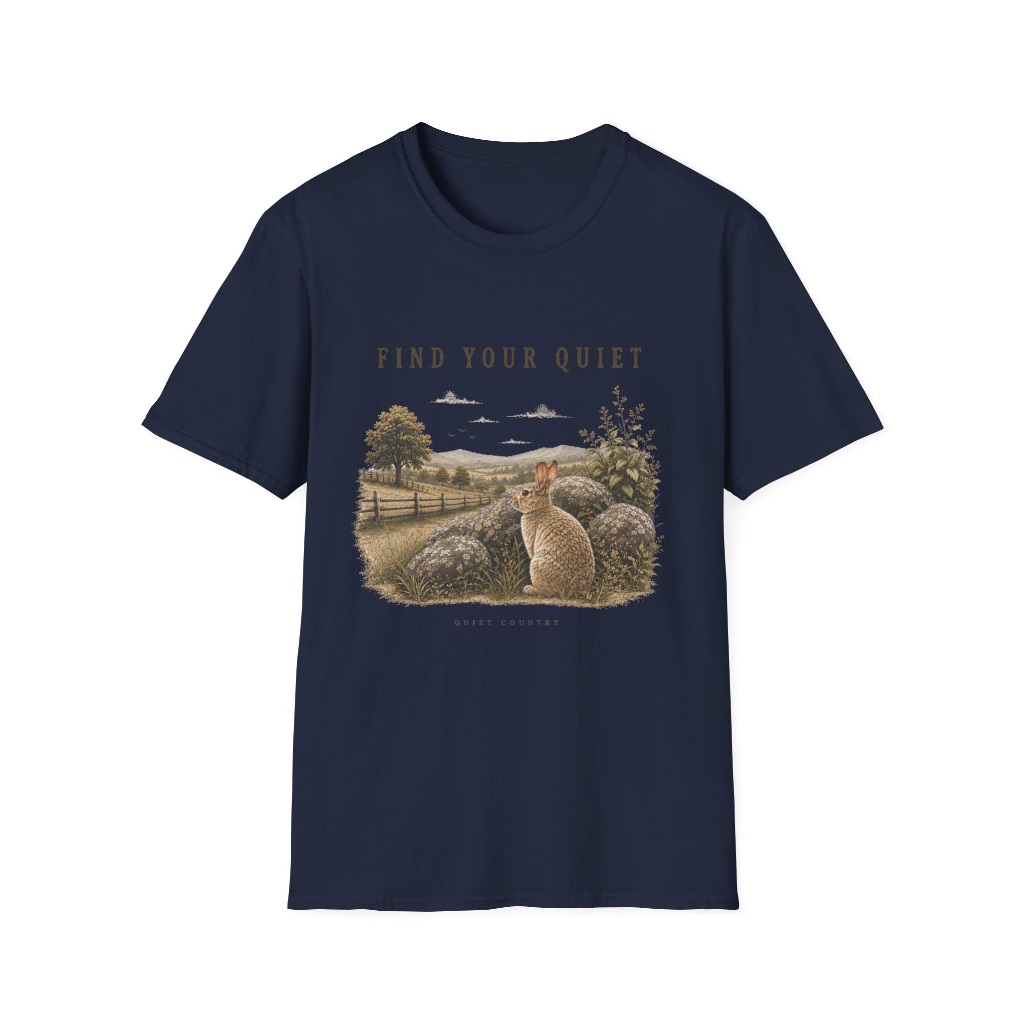 Find Your Quiet T-Shirt — Serene Countryside Rabbit Graphic Tee