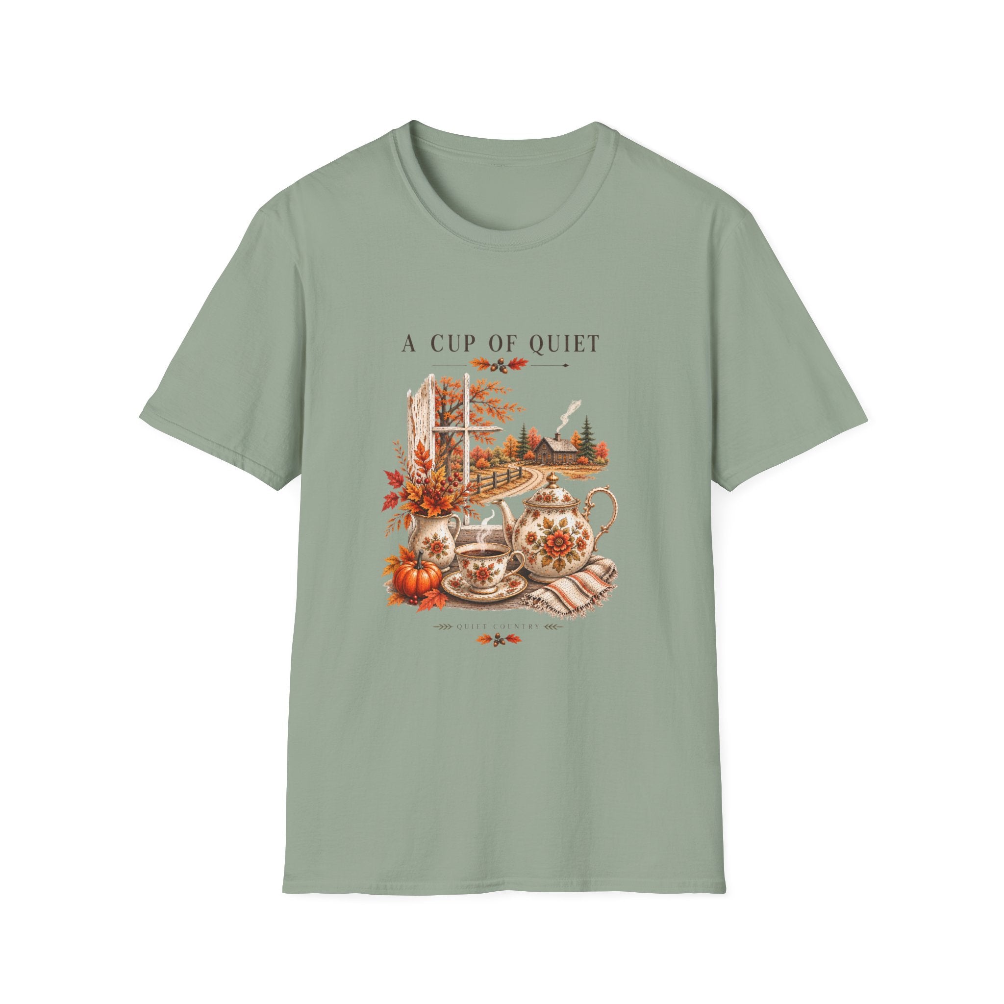 A Cup of Quiet Tee — Cozy Autumn Cottage Graphic T-Shirt