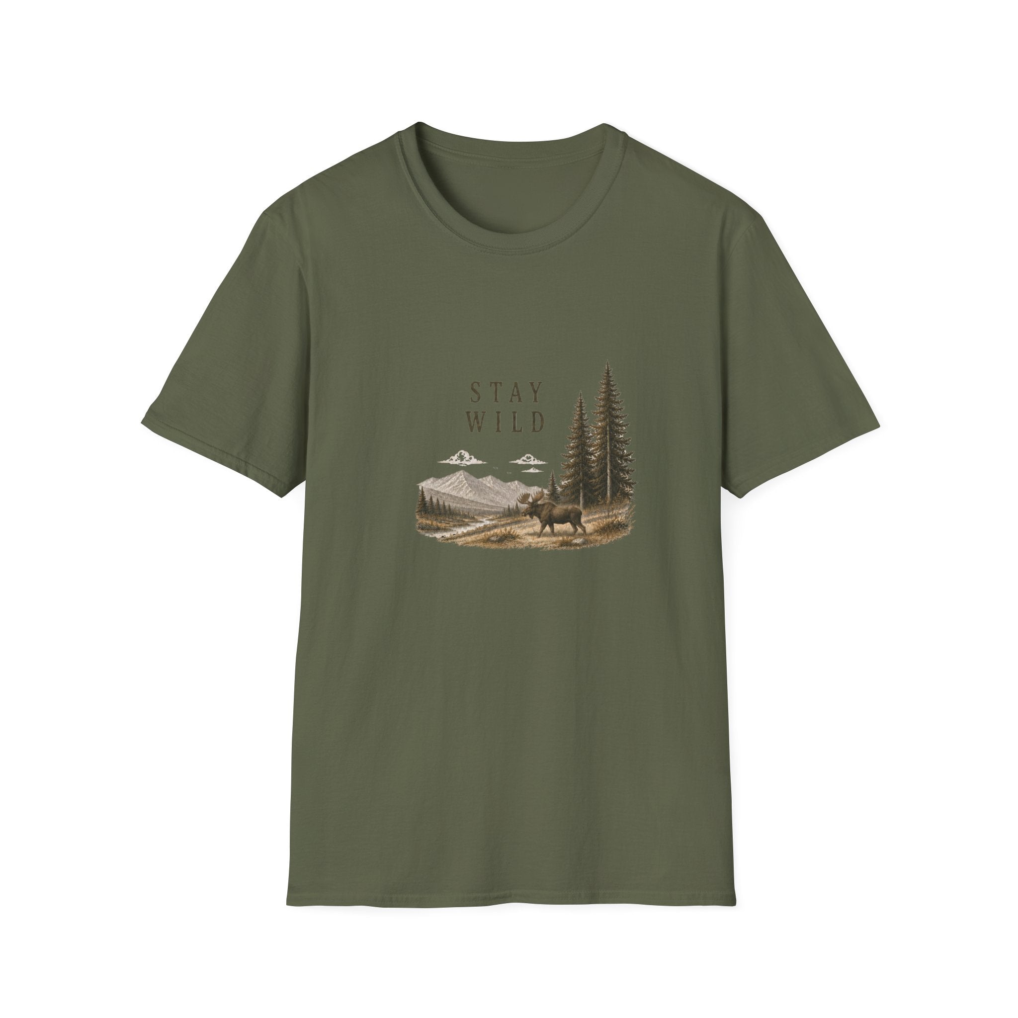 Stay Wild Moose Tee — Nature Graphic T-Shirt with Pines
