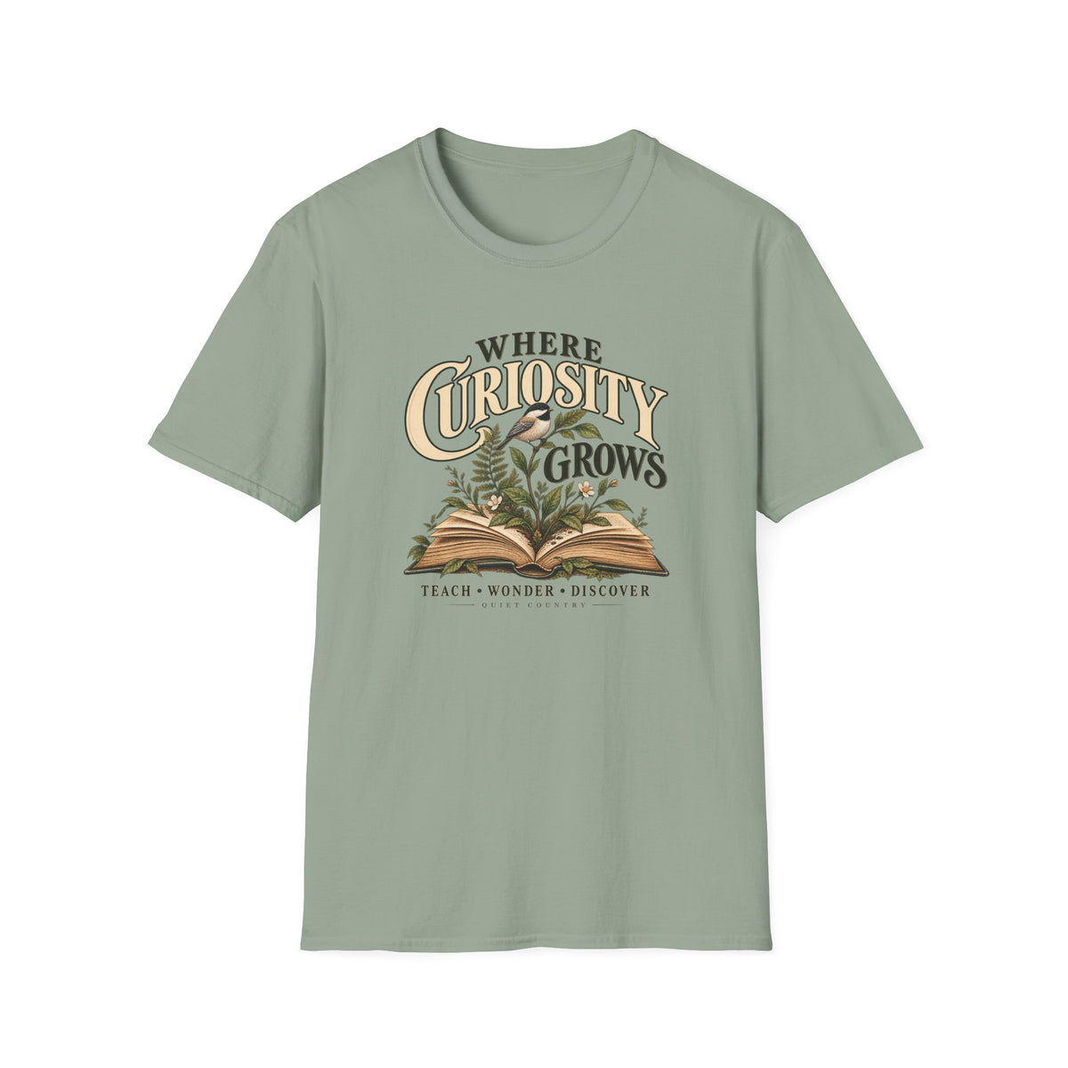 Where Curiosity Grows Teacher T-Shirt — Vintage Botanical Book Design