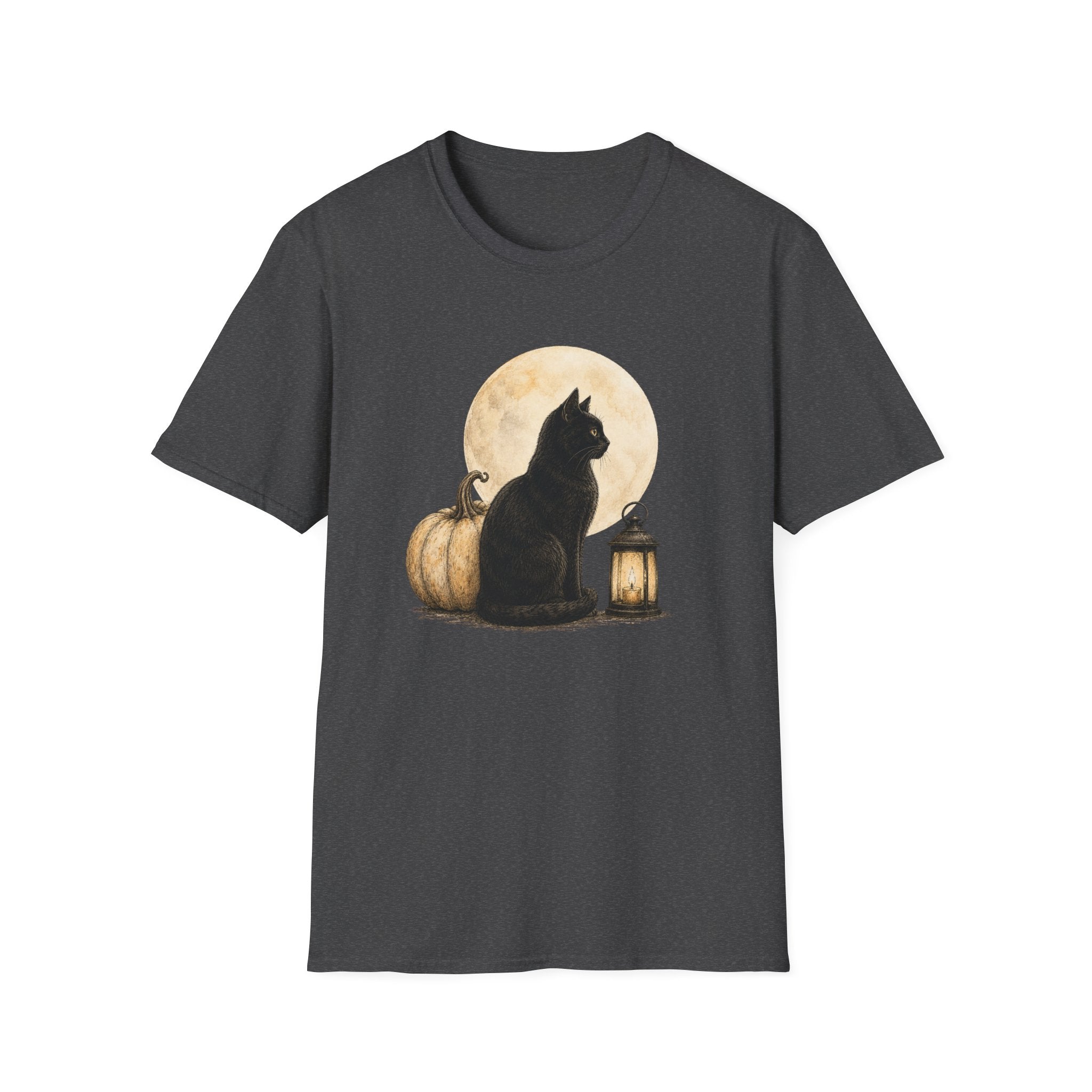 Black Cat Moon T‑Shirt — Halloween Pumpkin & Lantern Graphic Tee