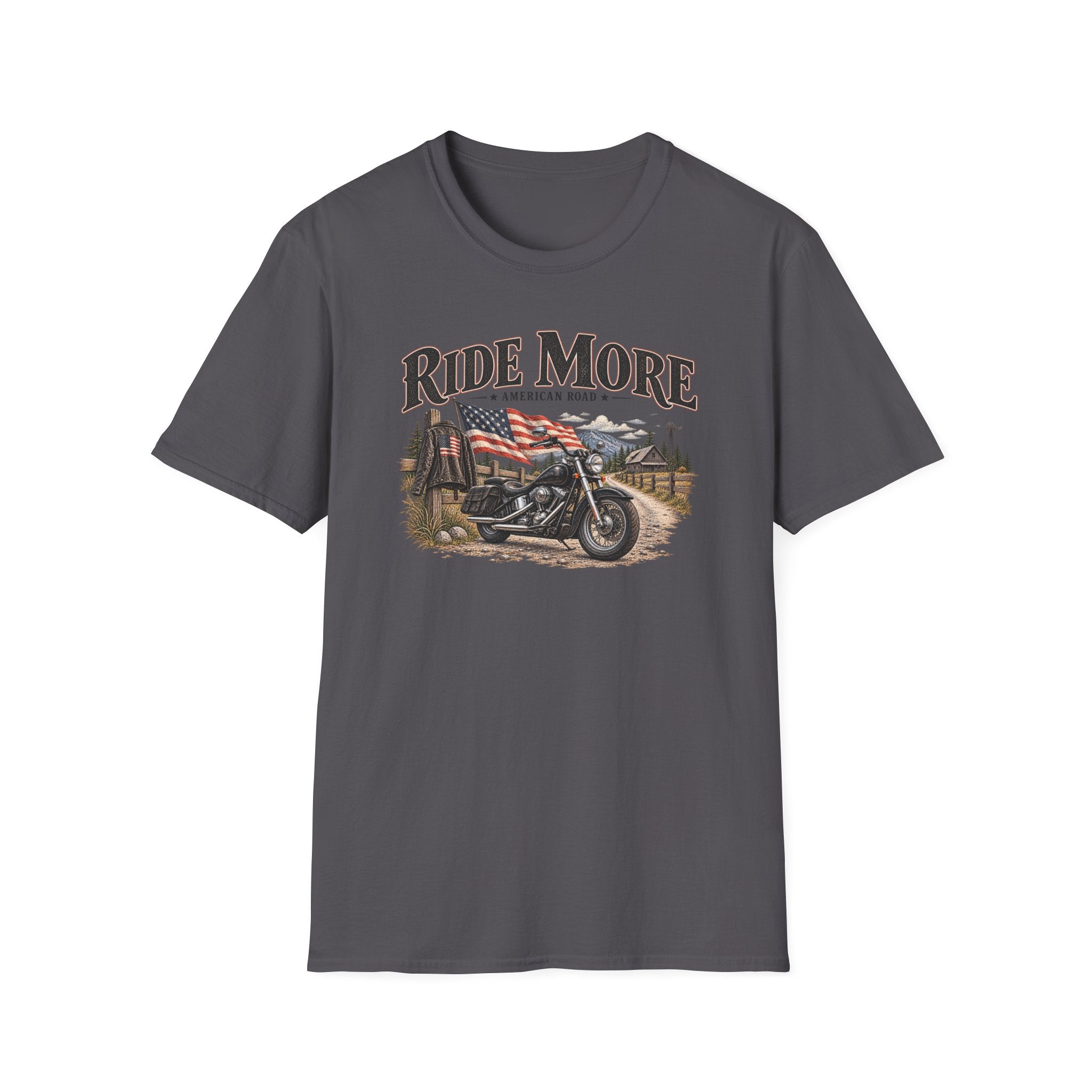 Ride More Motorcycle T-Shirt – American Road Biker Tee with Flag Scenic Design