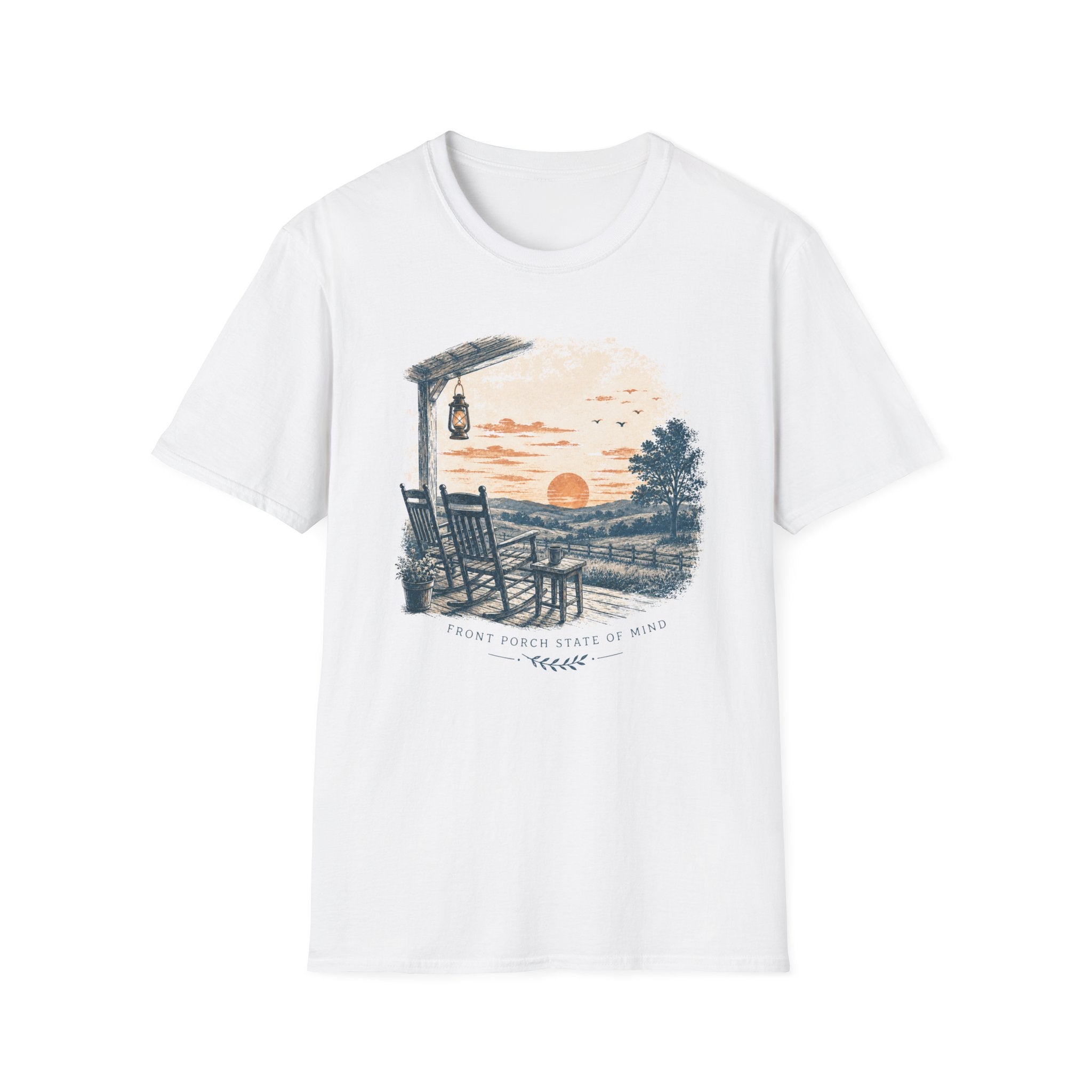 Sunset Porch T-Shirt — Vintage Lantern & Rocking Chair Beach Tee
