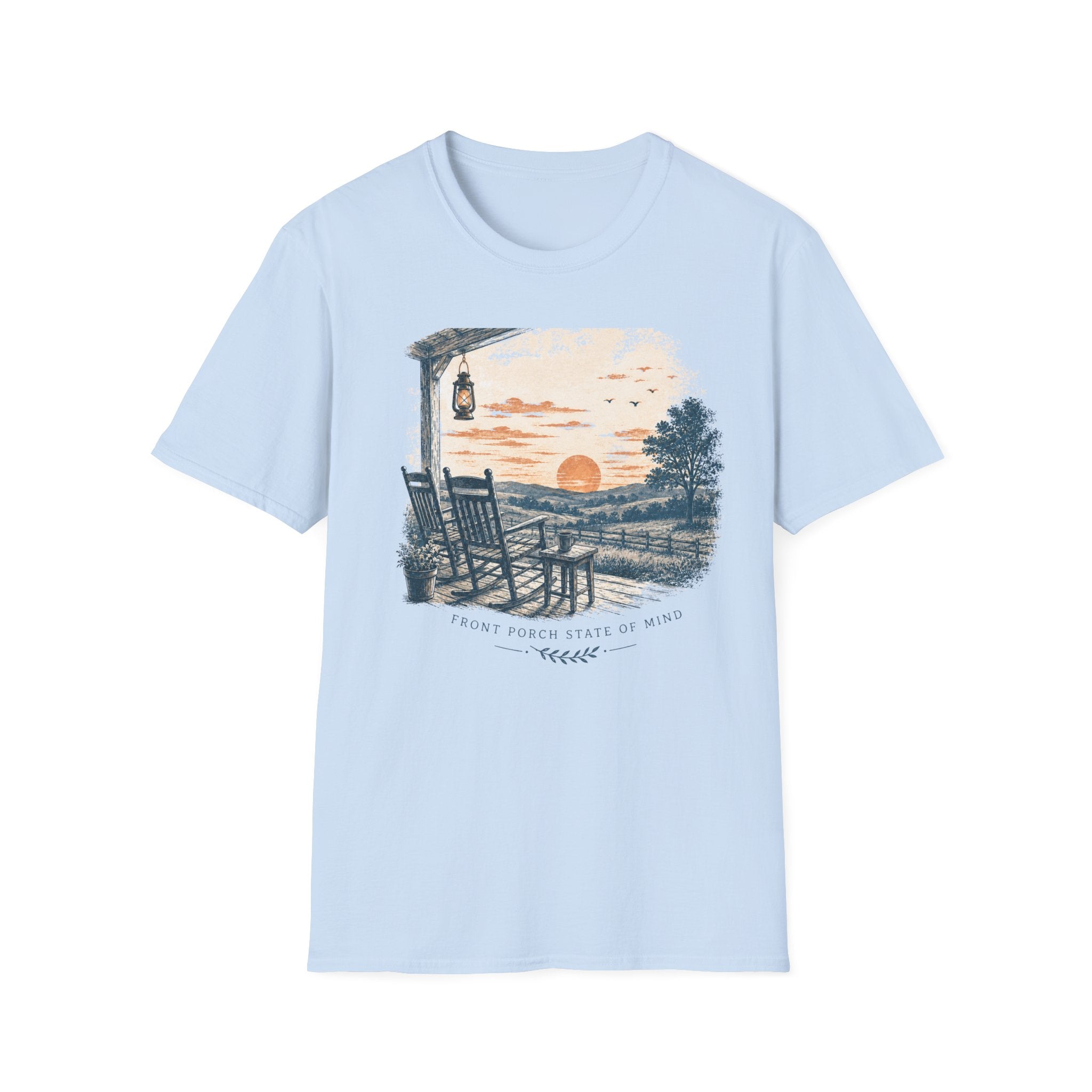Front Porch Life T-Shirt — Rustic Rocking Chair Sunrise Graphic Tee