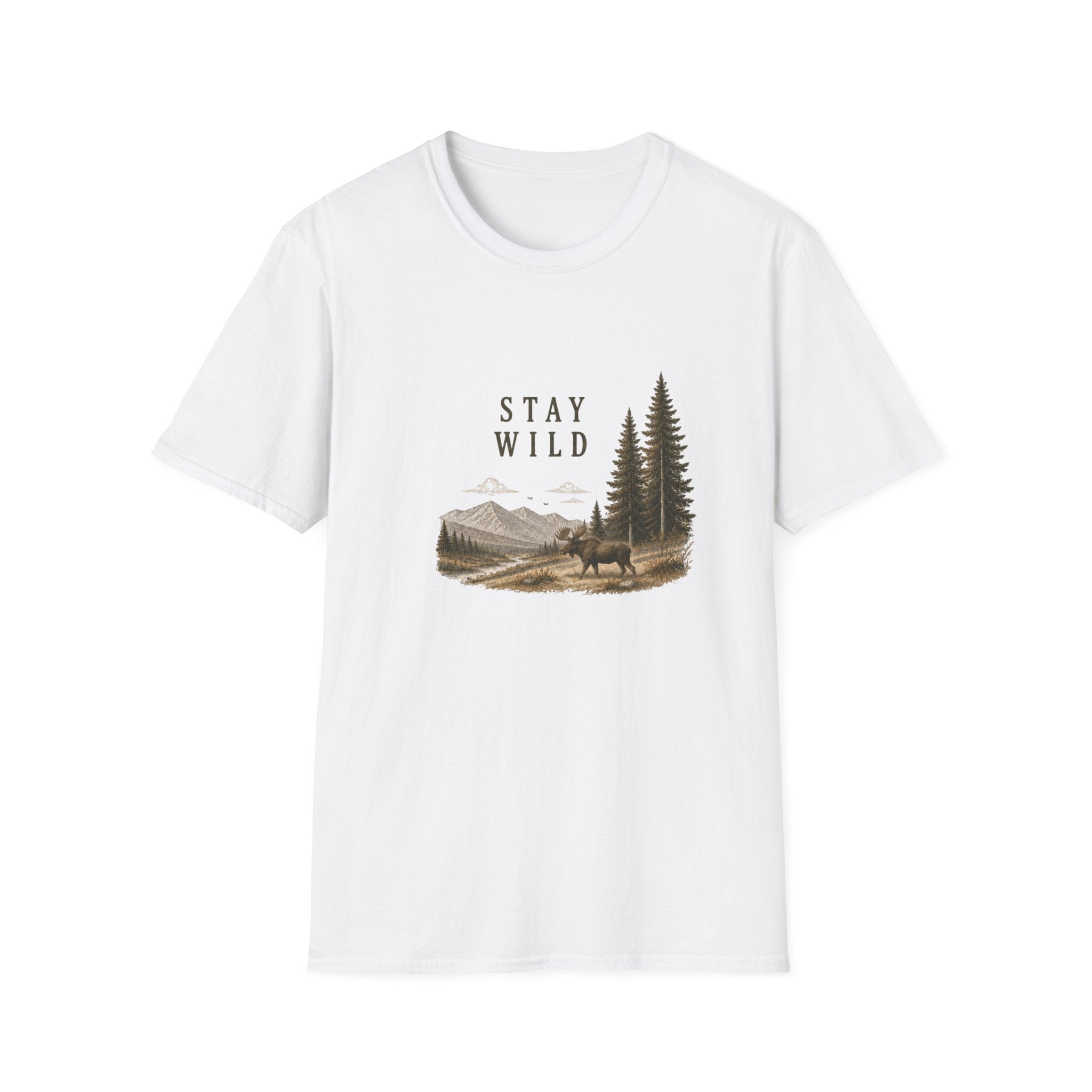 Stay Wild Moose T-Shirt — Mountain, Pine Trees Nature Graphic Tee