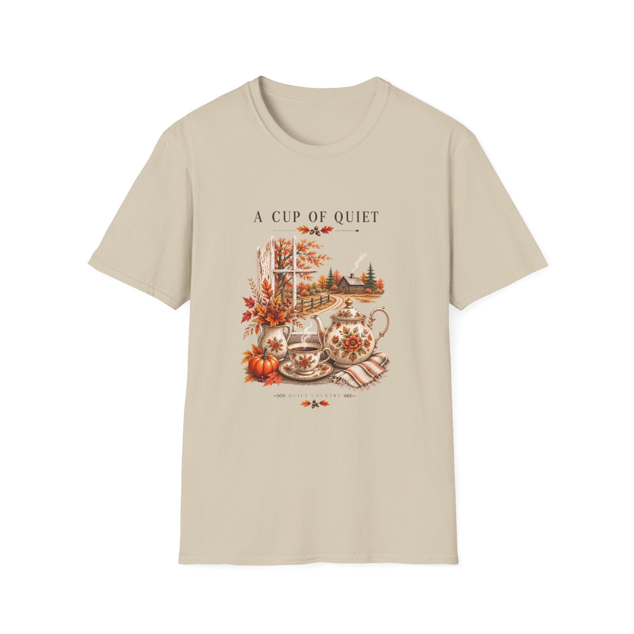 A Cup of Quiet Tee — Cozy Autumn Cottage Graphic T-Shirt