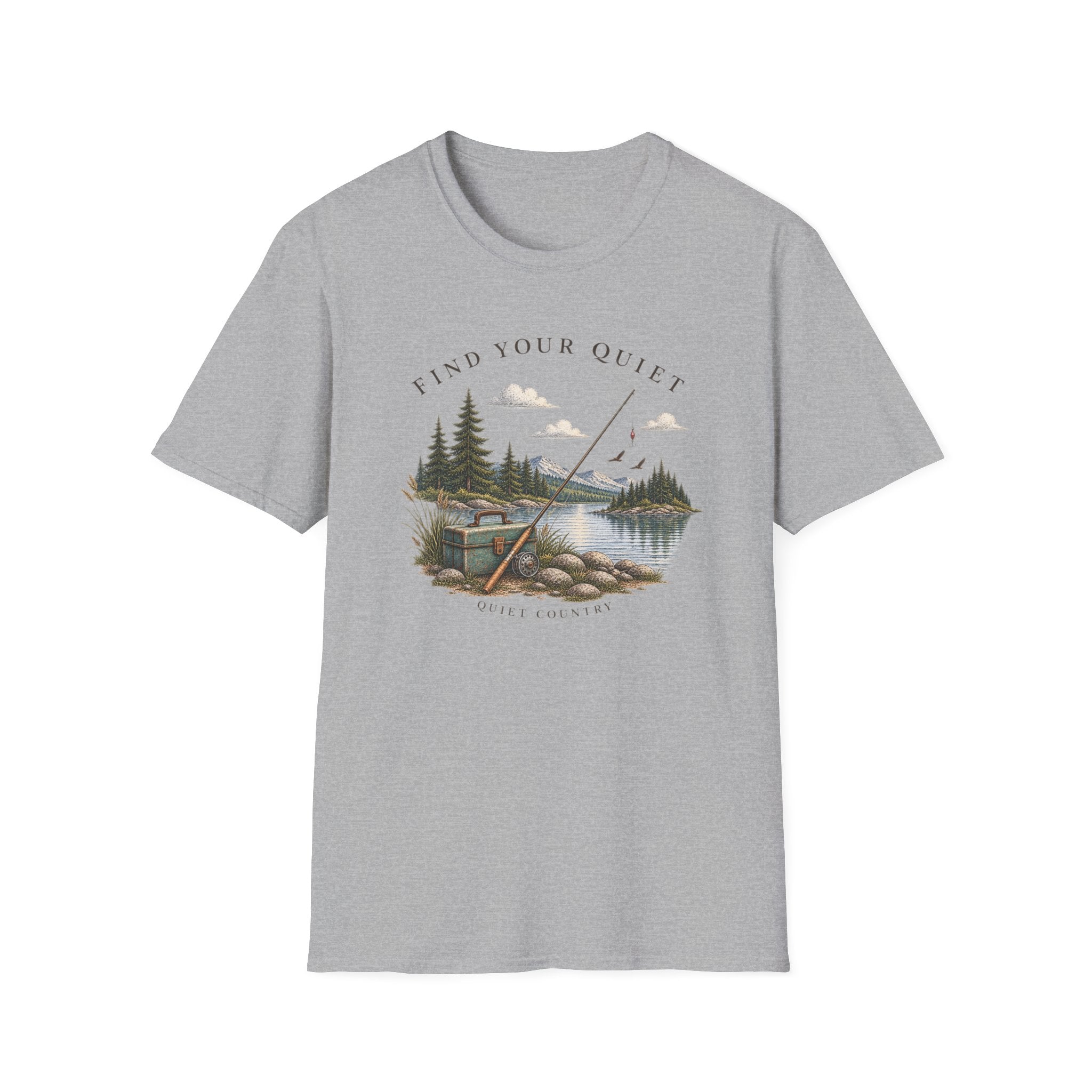Find Your Quiet Fishing T-Shirt — Scenic Lake & Pine Fishing Graphic Tee