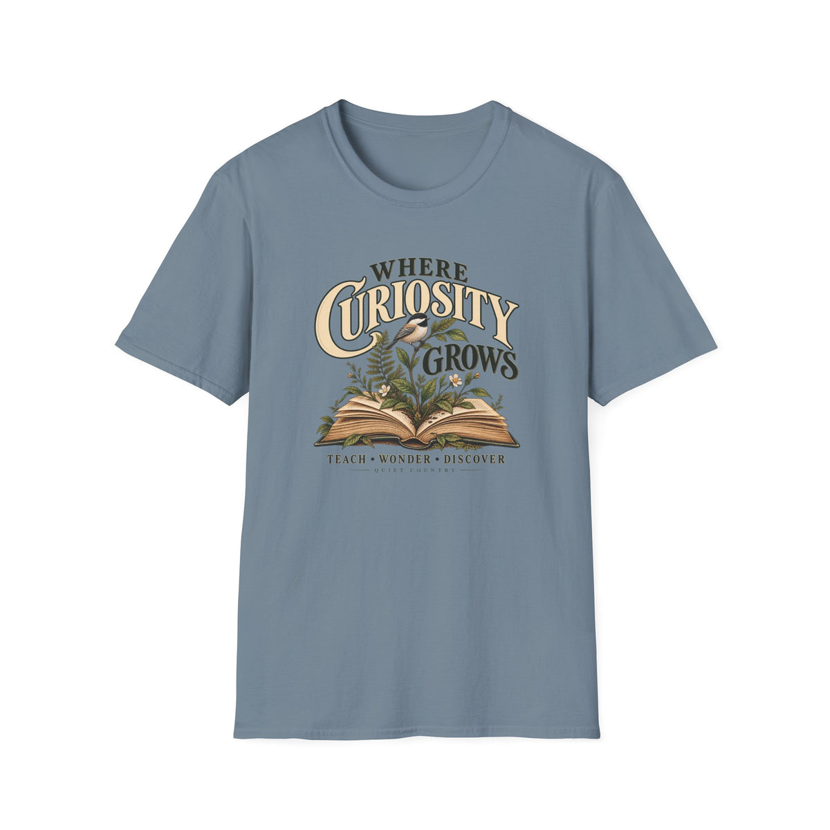 Where Curiosity Grows Teacher T-Shirt — Vintage Botanical Book Design