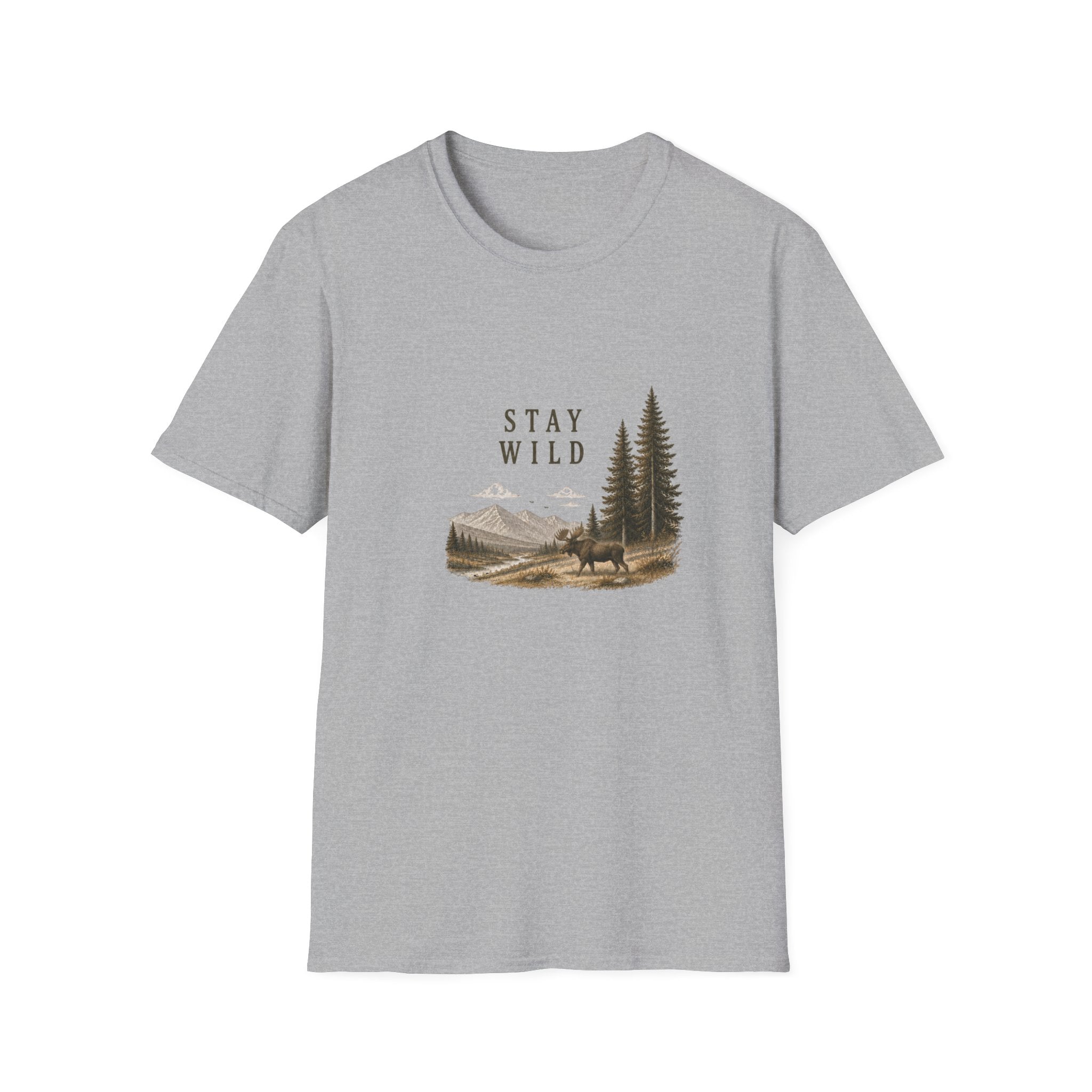 Stay Wild Moose Tee — Nature Graphic T-Shirt with Pines