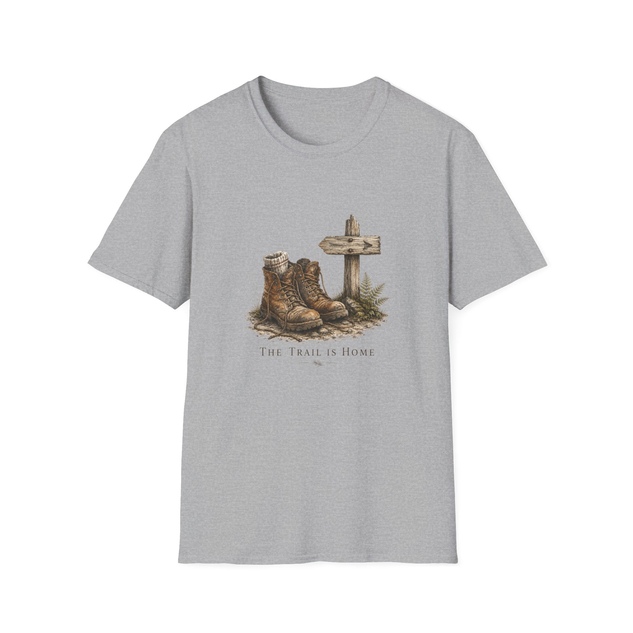 Rustic Hiking Boots T-Shirt — "The Trail Is Home" Back-Print Casual Tee