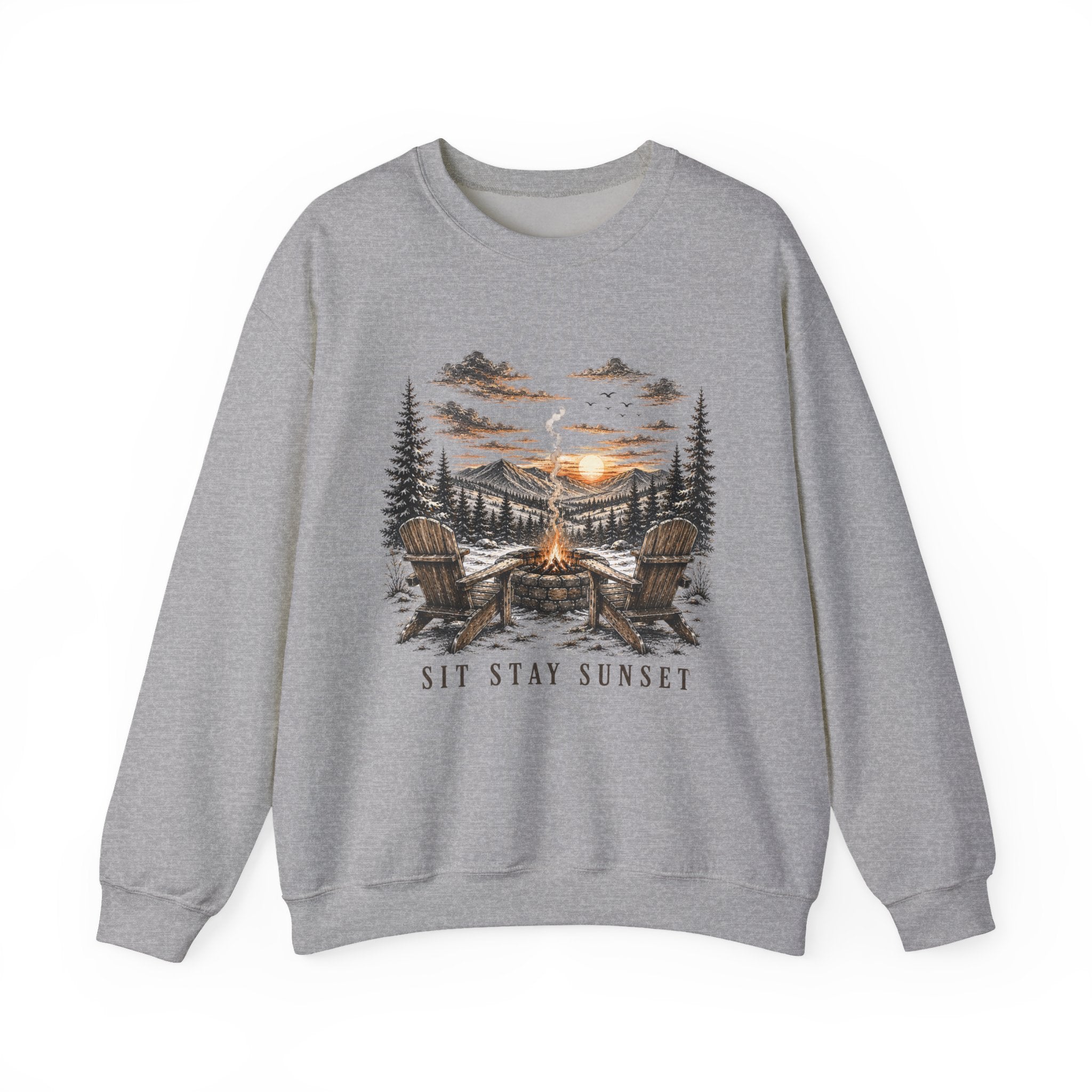 Sunset Campfire Crewneck Sweatshirt — "Sit • Stay • Sunset" Outdoor Graphic