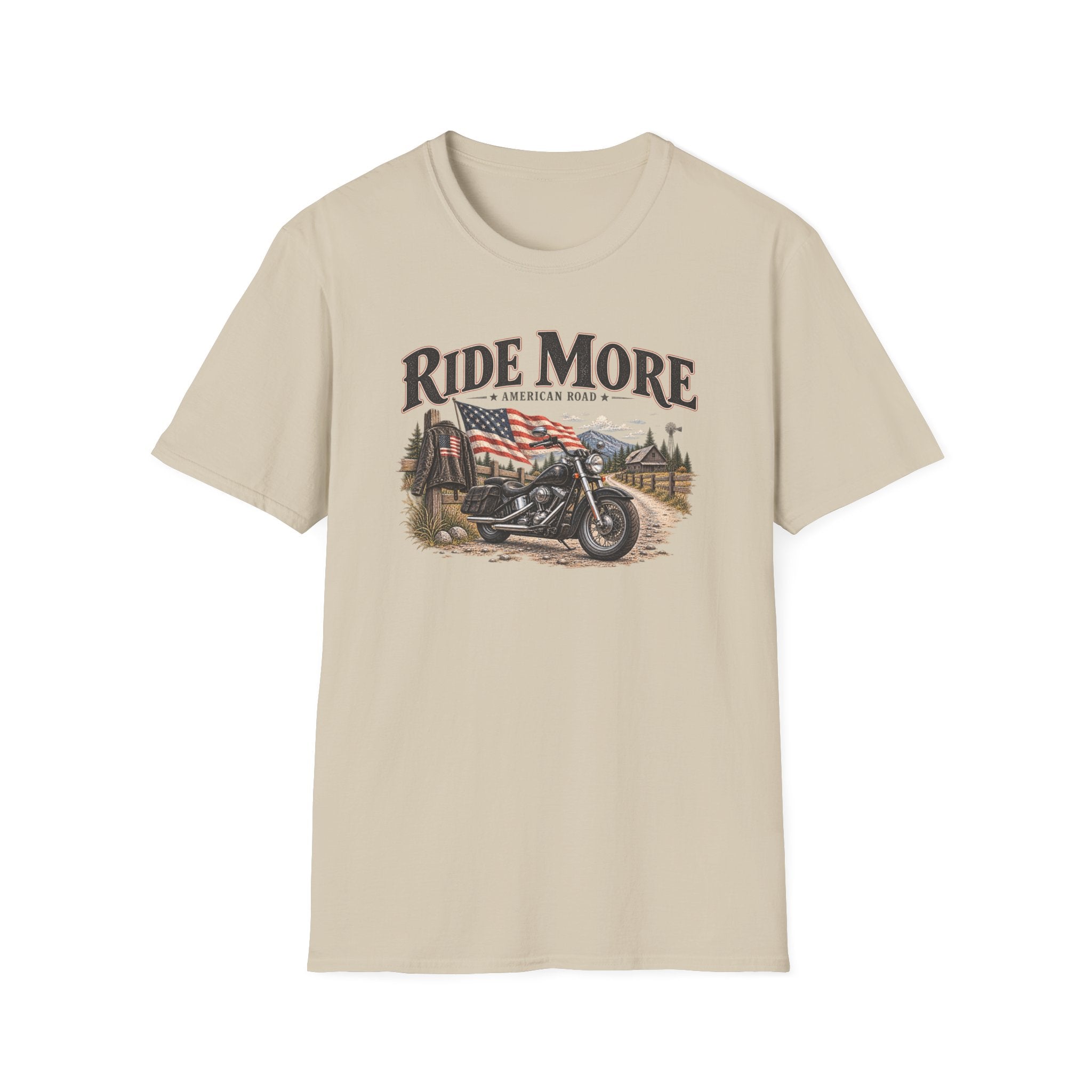 Ride More Motorcycle T-Shirt – American Road Biker Tee with Flag Scenic Design