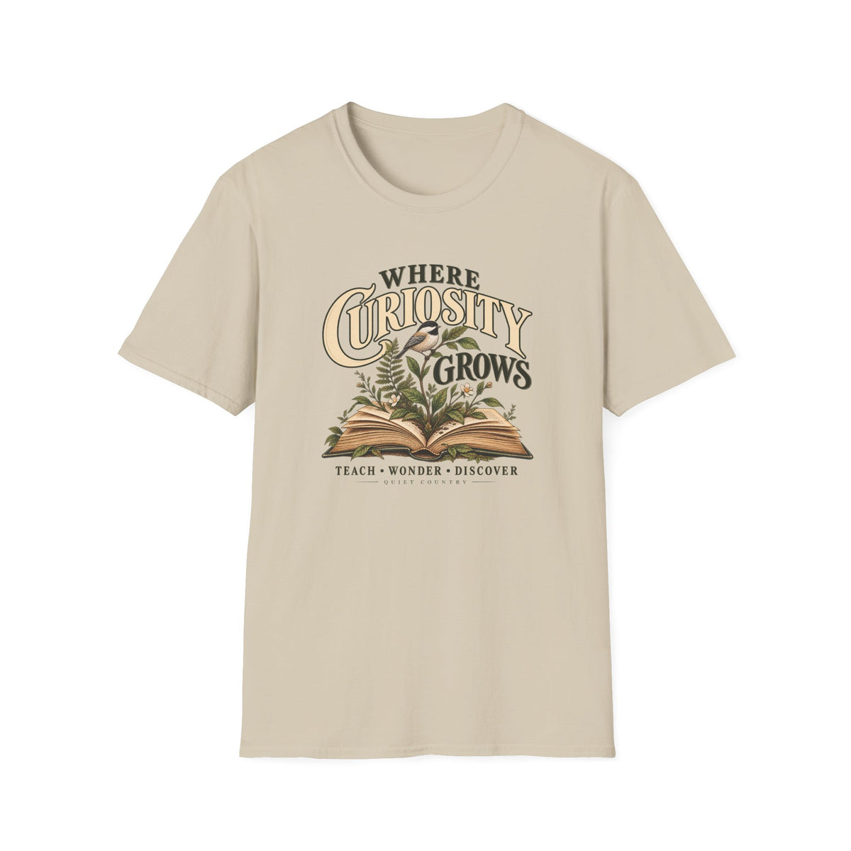 Where Curiosity Grows Teacher T-Shirt — Vintage Botanical Book Design