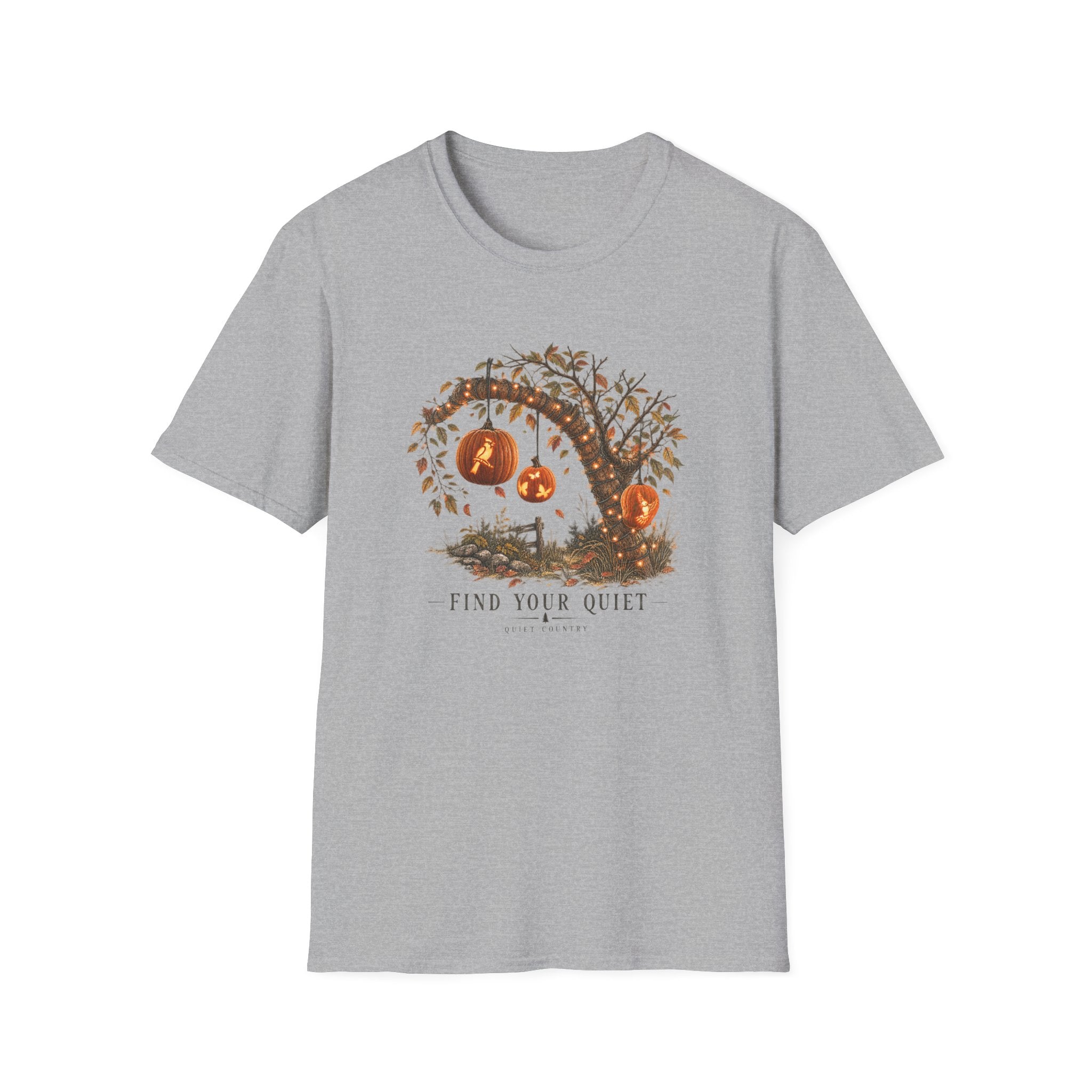 Halloween Pumpkin Tree T‑Shirt — "Find Your Quiet" Cozy Fall Tee