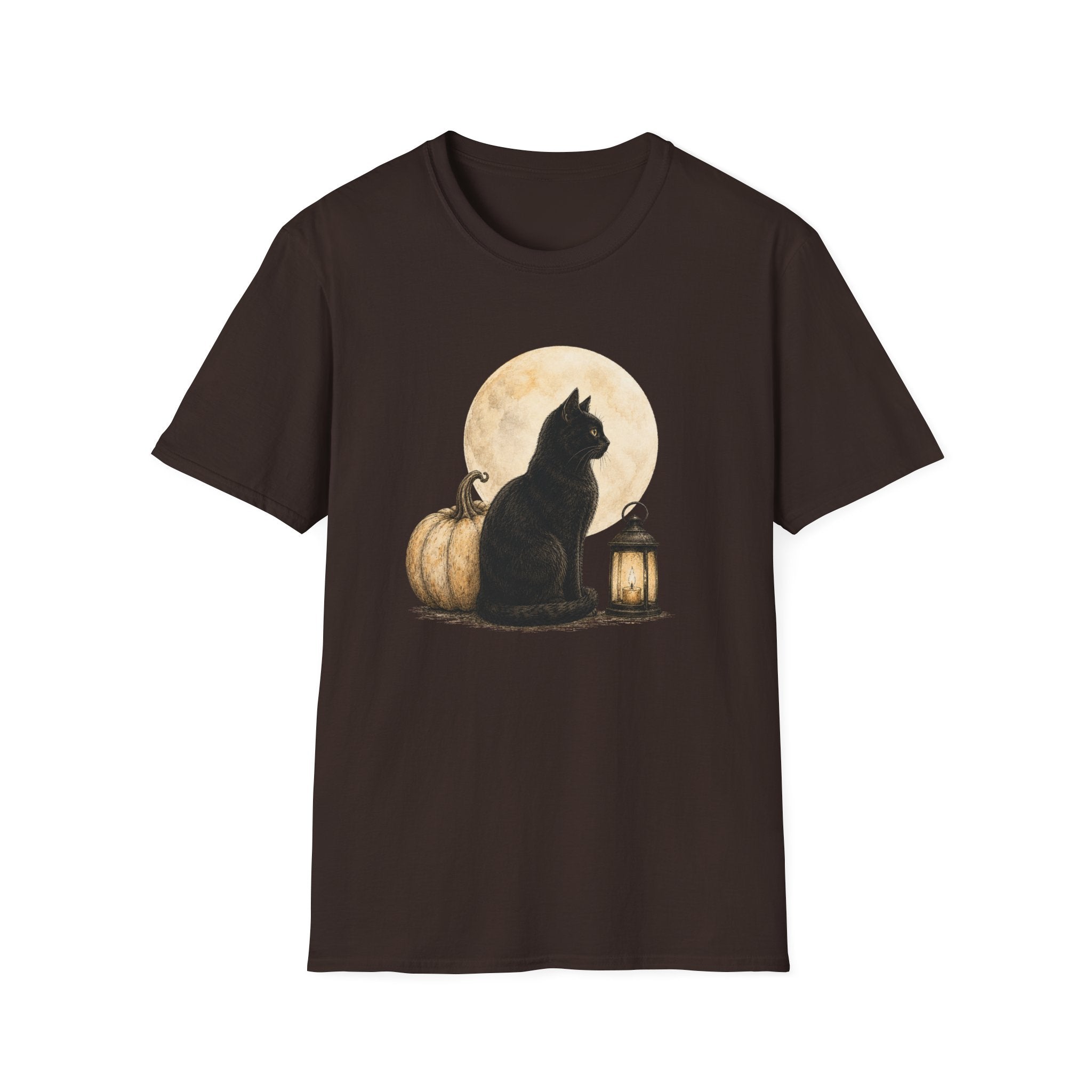 Black Cat Moon T‑Shirt — Halloween Pumpkin & Lantern Graphic Tee