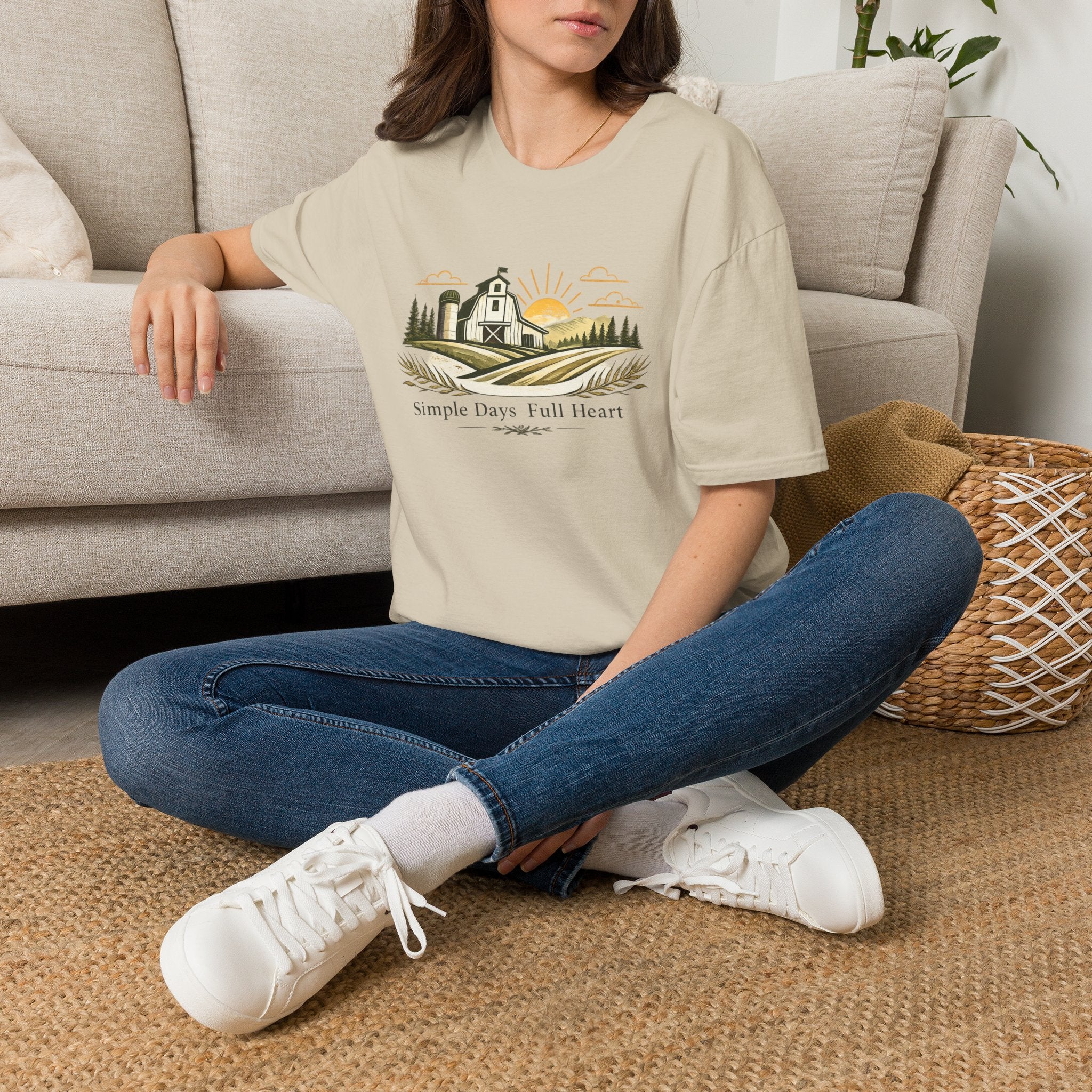Farmhouse Sunrise T-Shirt — "Simple Days Full Heart" Rustic Country Tee