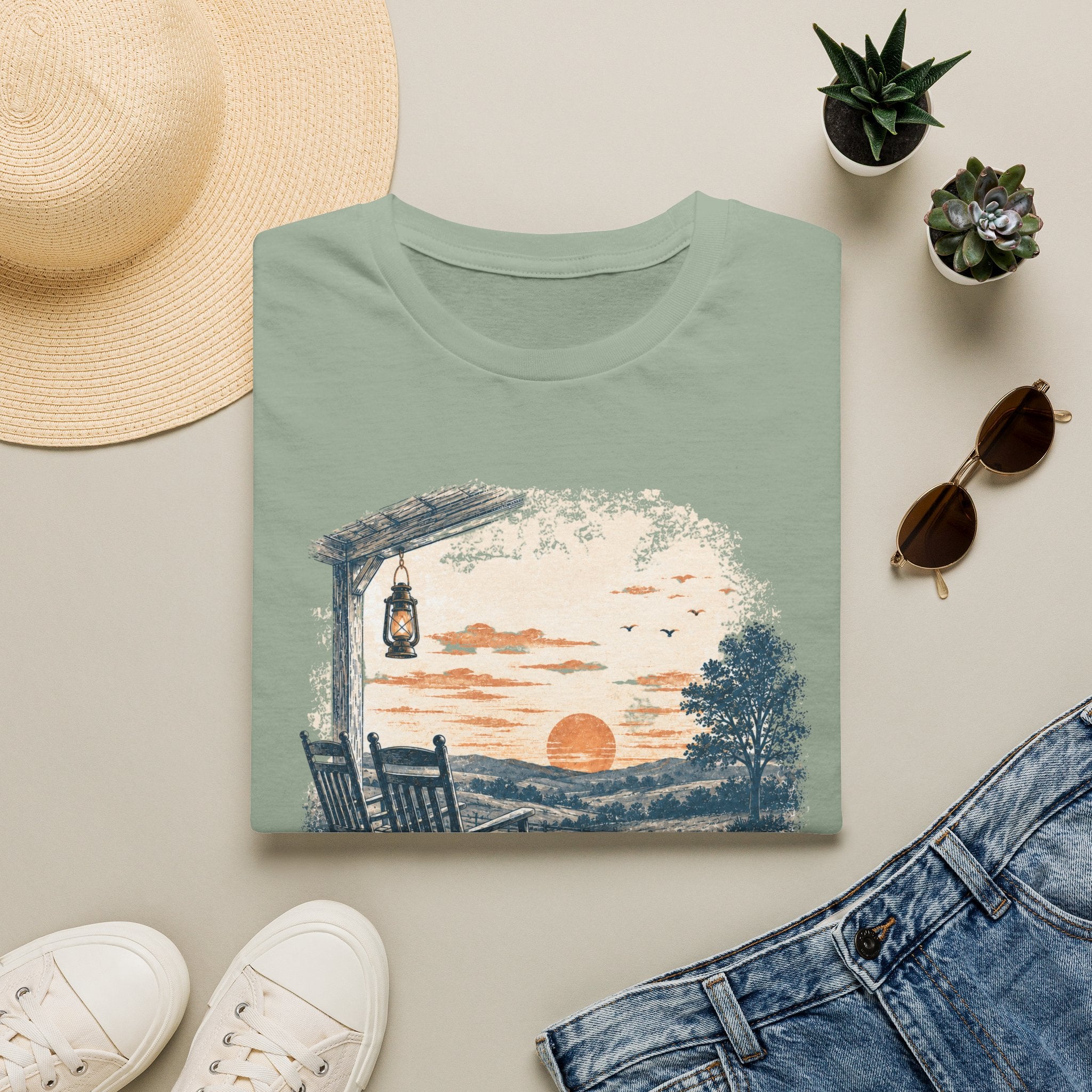 Sunset Porch T-Shirt — Vintage Lantern & Rocking Chair Beach Tee