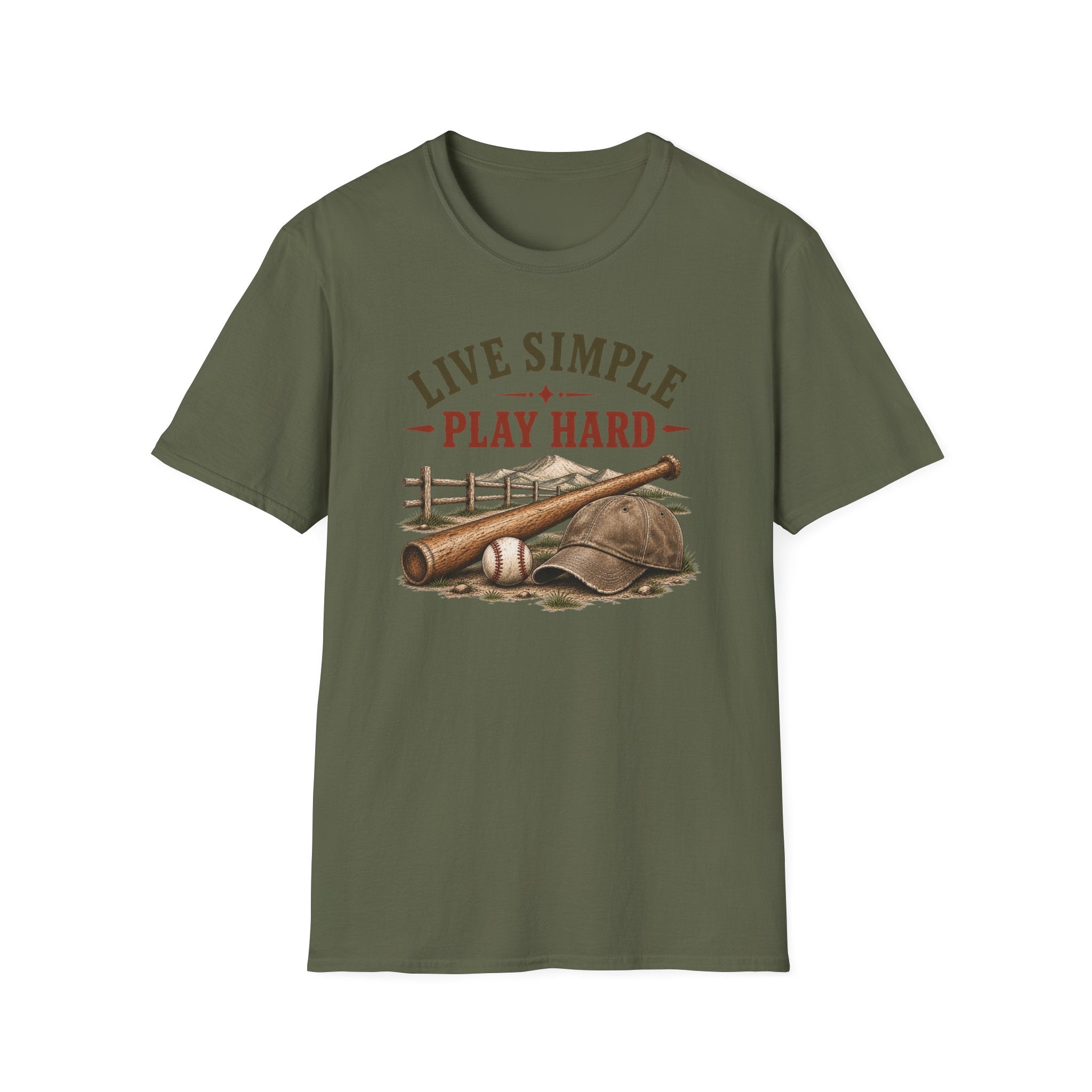 T-Shirt — "Live Simple Play Hard" Rustic Baseball Graphic