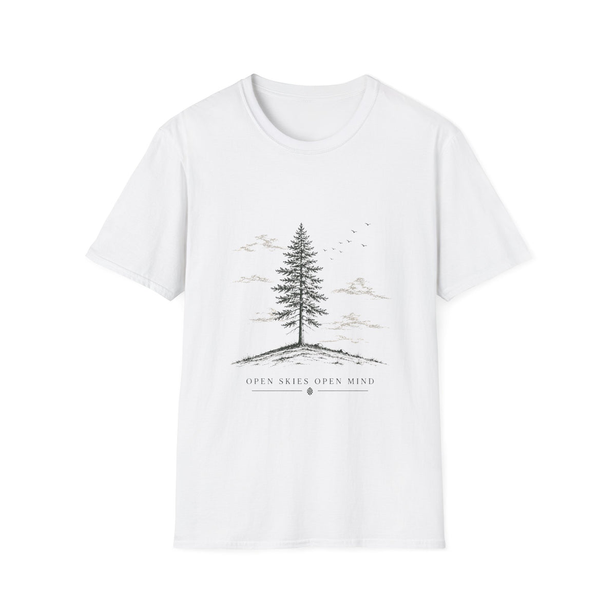 Nature Graphic T-Shirt — 'Open Skies Open Mind' Minimalist Tree Tee