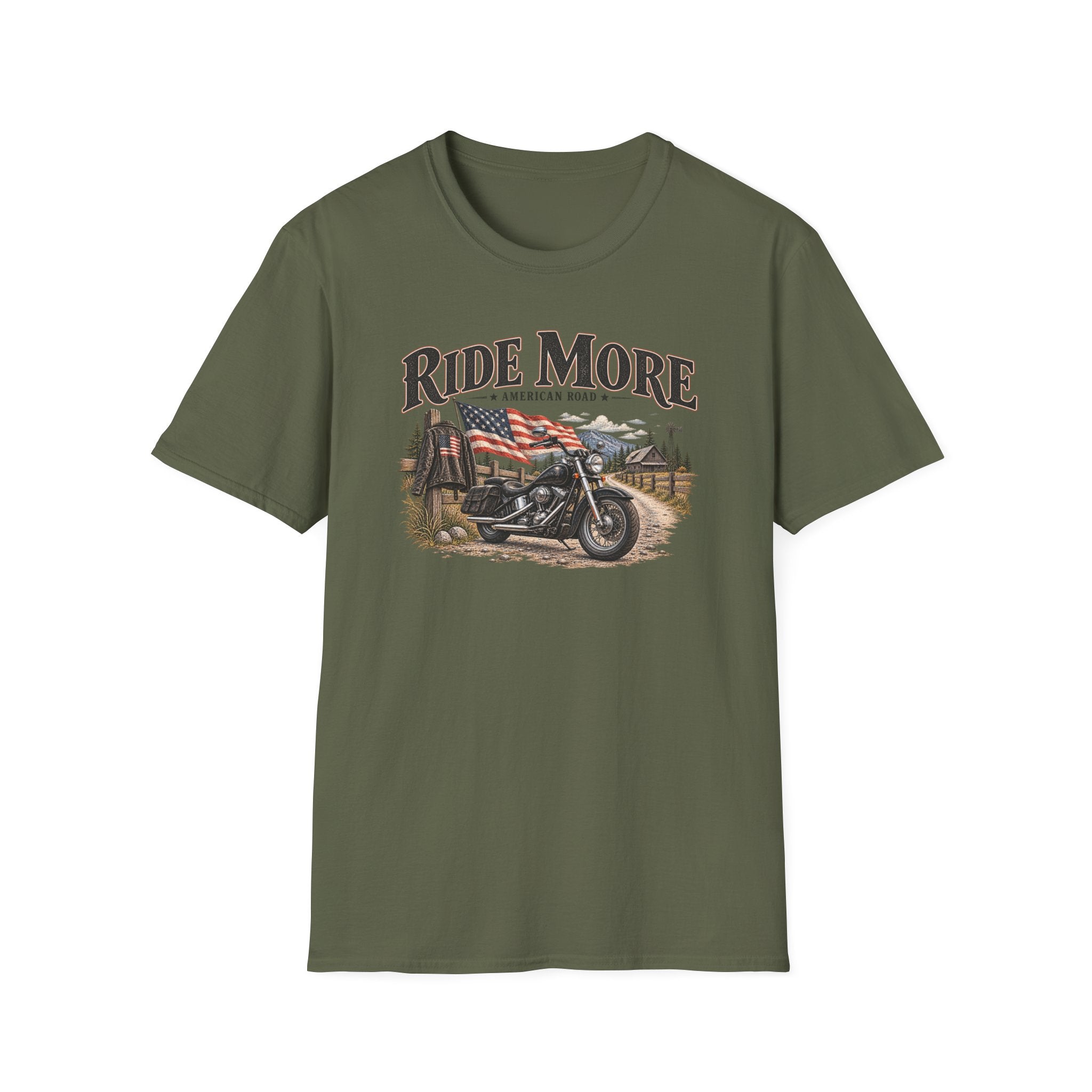 Ride More Motorcycle T-Shirt – American Road Biker Tee with Flag Scenic Design