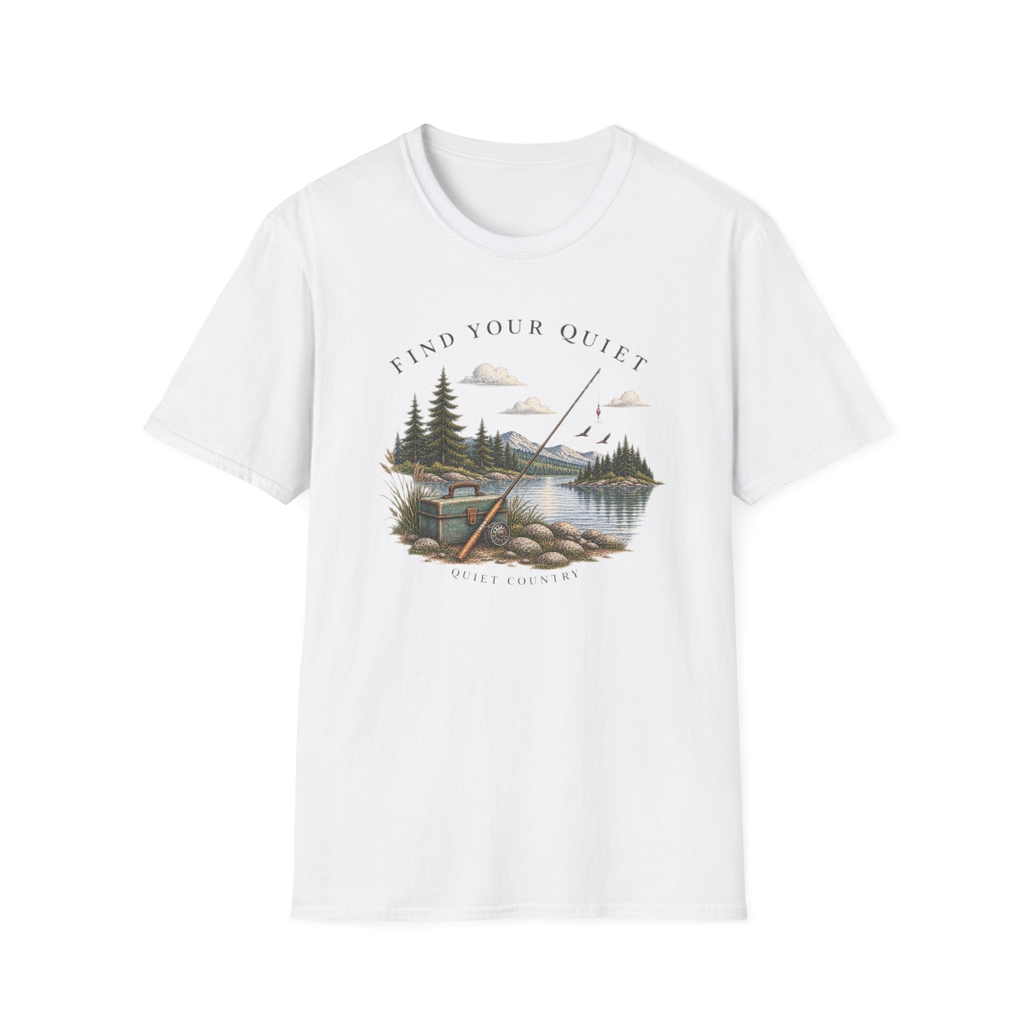 Find Your Quiet Fishing T-Shirt — Scenic Lake & Pine Fishing Graphic Tee