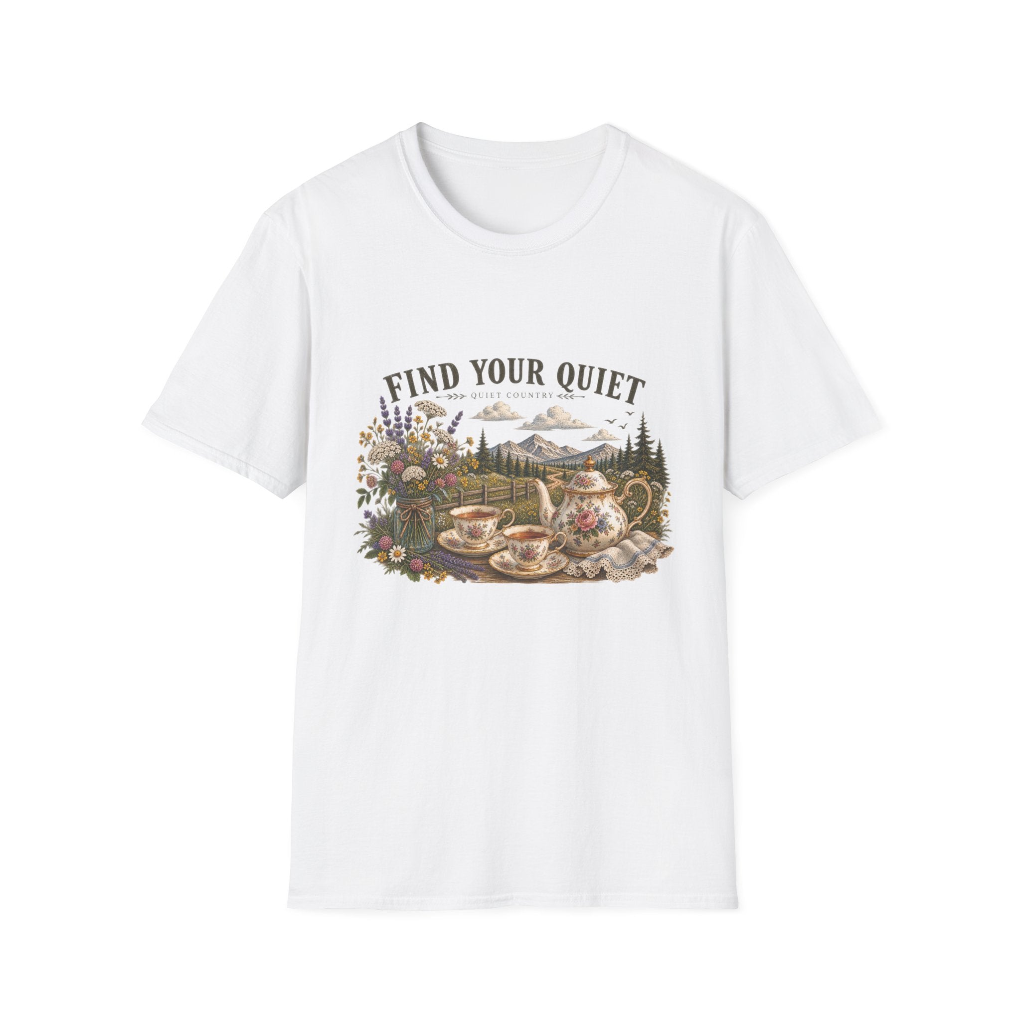 Find Your Quiet T-Shirt — Scenic Cabin Nature Graphic Tee