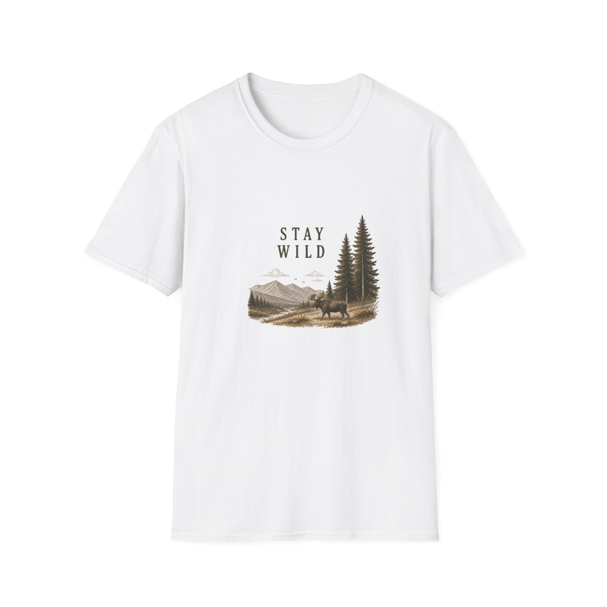Stay Wild Moose Tee — Nature Graphic T-Shirt with Pines
