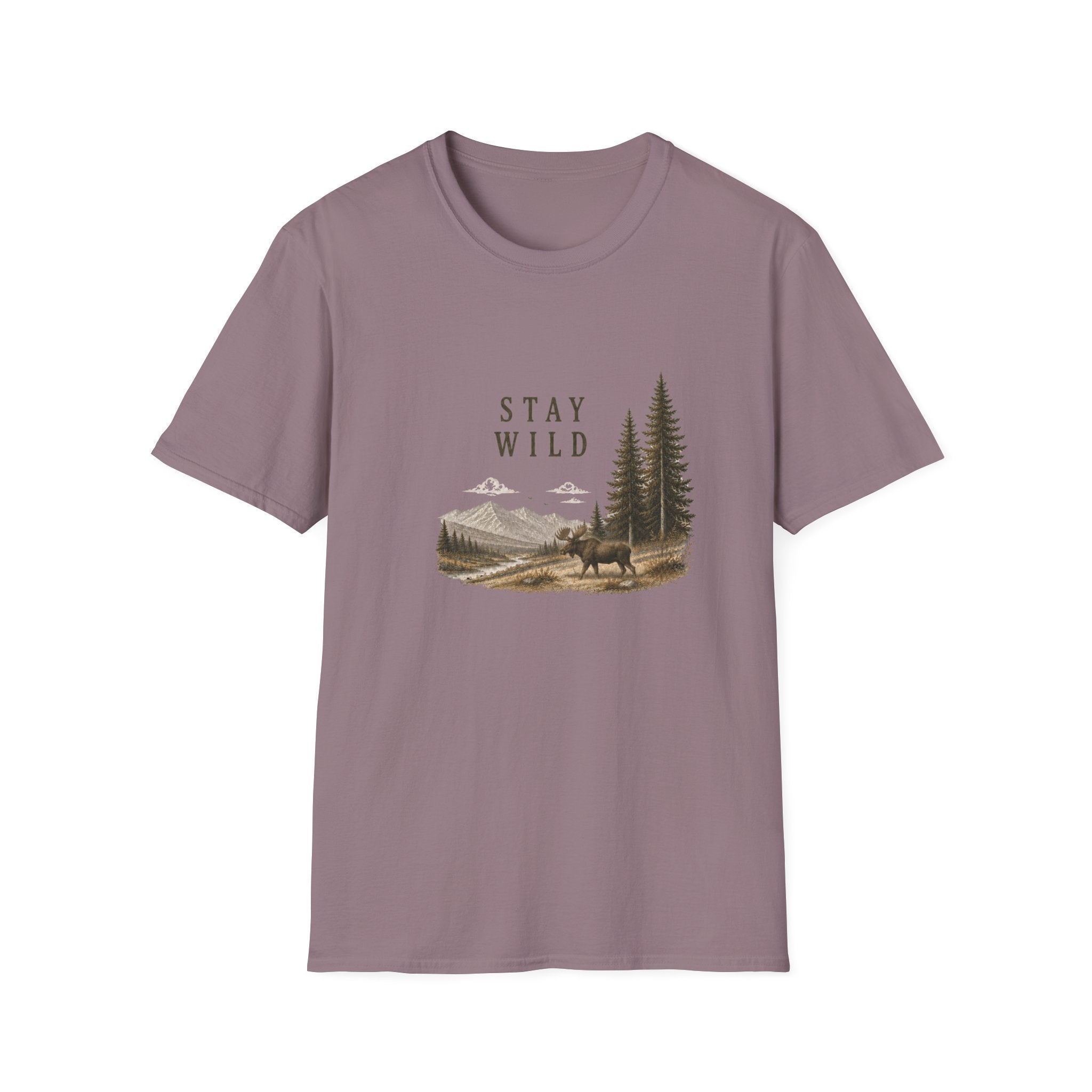 Stay Wild Moose T-Shirt — Mountain, Pine Trees Nature Graphic Tee