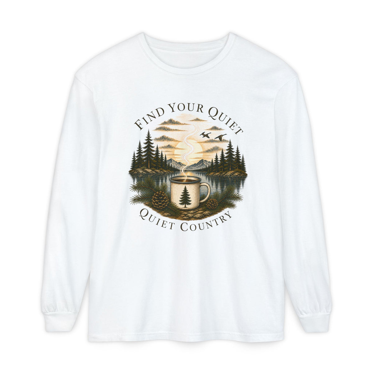 Find Your Quiet Long Sleeve Tee — Quiet Country Camping Graphic